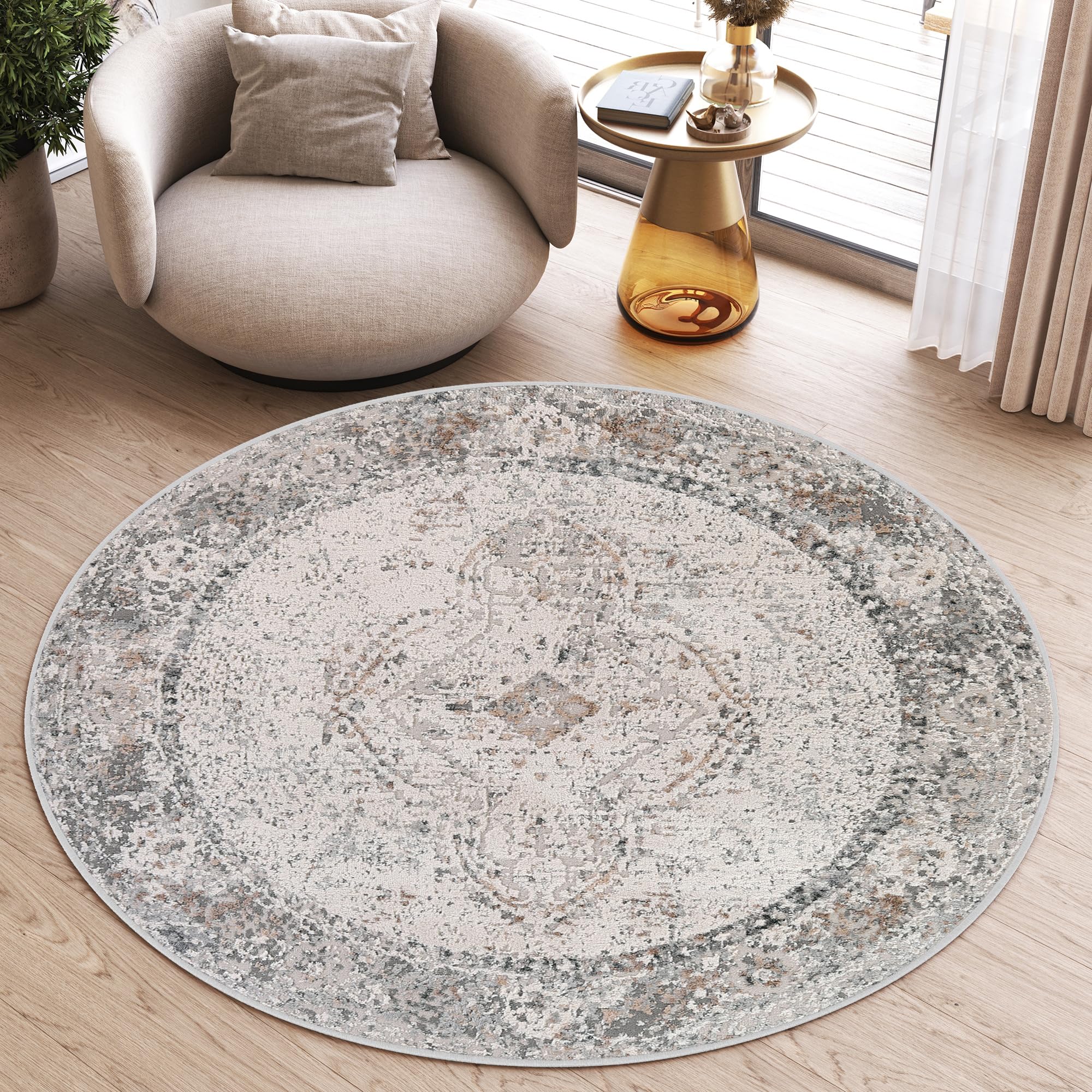 TAPISO Valley Redonda Alfombra Pelo Corto Brillante Suave Clásica Vintage Moderna Tonos de Gris Crema Alfombra de Salón Dormitorio Habitación Oeko-Tex 100 x 100 cm