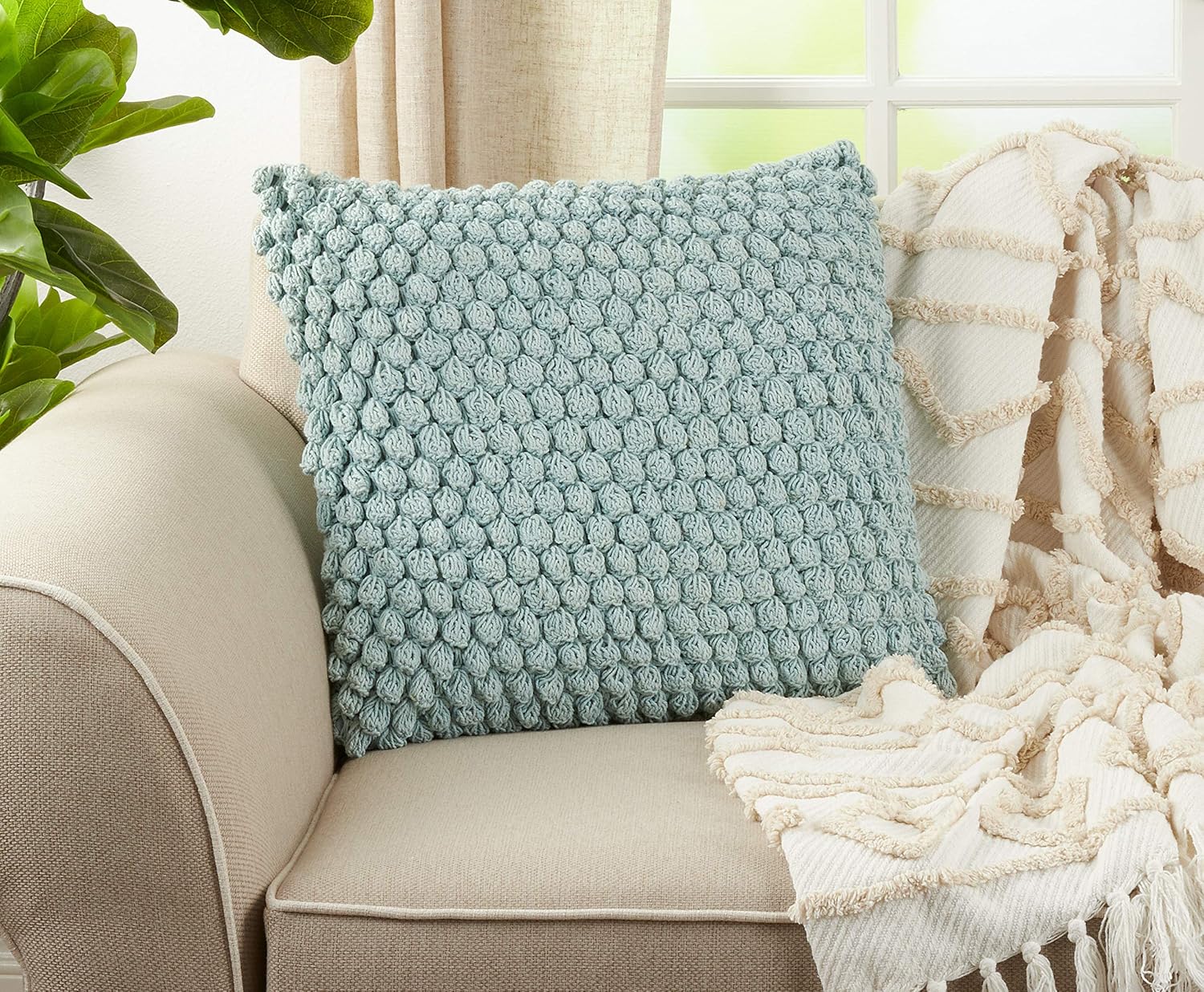 SARO LIFESTYLE Camargue Collection Crochet Pom Throw Pillow with Down Filling, 20", Aqua