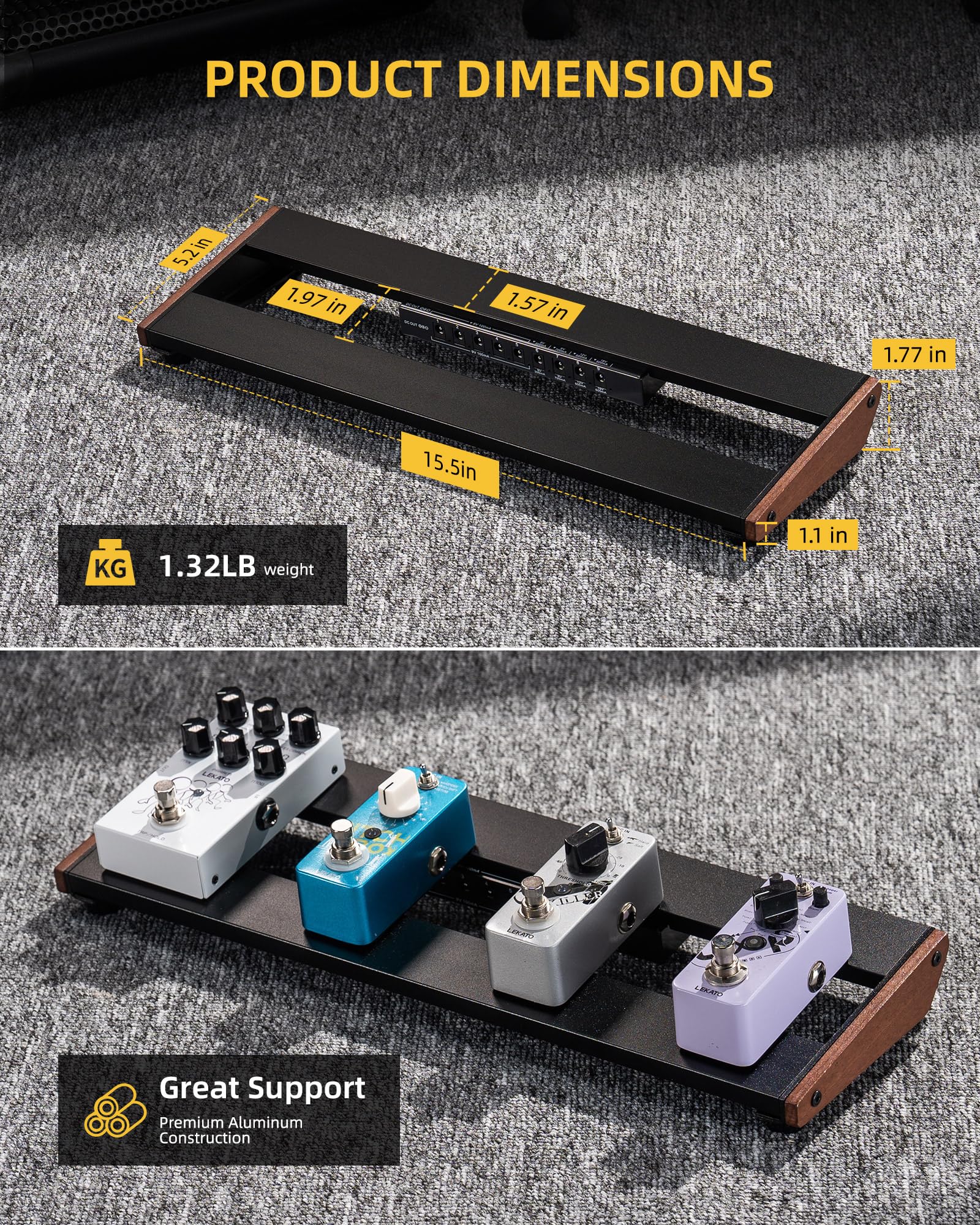 LEKATO Pedalboard z zasilaczem PB-01S, z torbą, kable do pedałów