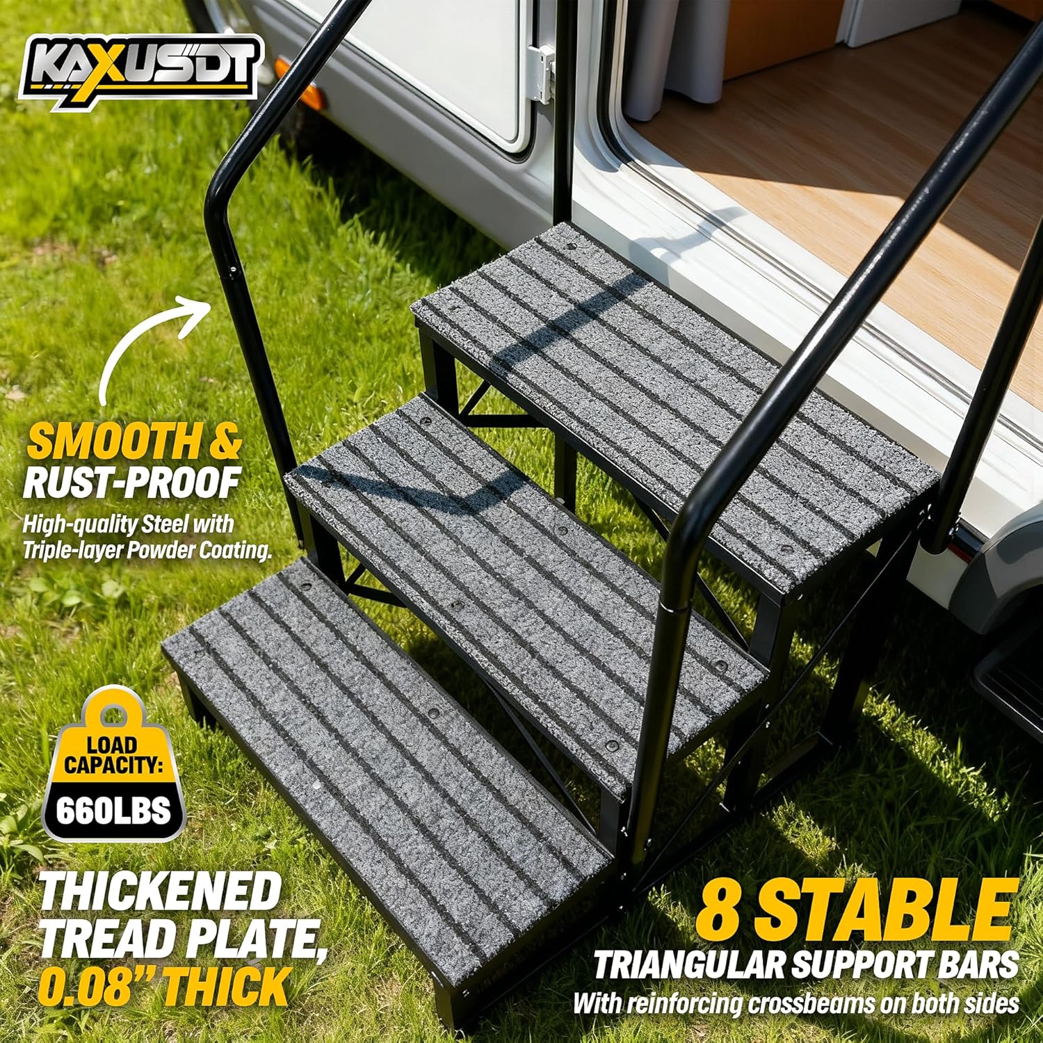 3 Steps Hot Tub RV Steps with Dual Handrail, 𝟐𝟎𝟐𝟔 𝐔𝐩𝐠𝐫𝐚𝐝𝐞𝐝 Portable Mobile Home Stairs Steps with Reinforced Crossbeams on Both Sides, 660lbs, Outdoor RV Camper Entry Steps w/Non-Slip Mats