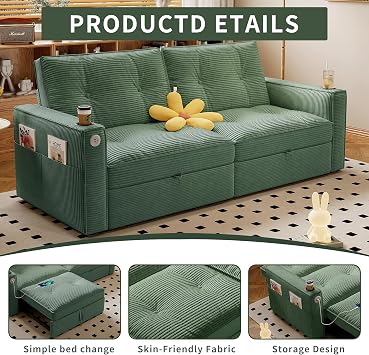 Queen Sleeper Sofa Bed, 72 Pull Out Couch Bed Green