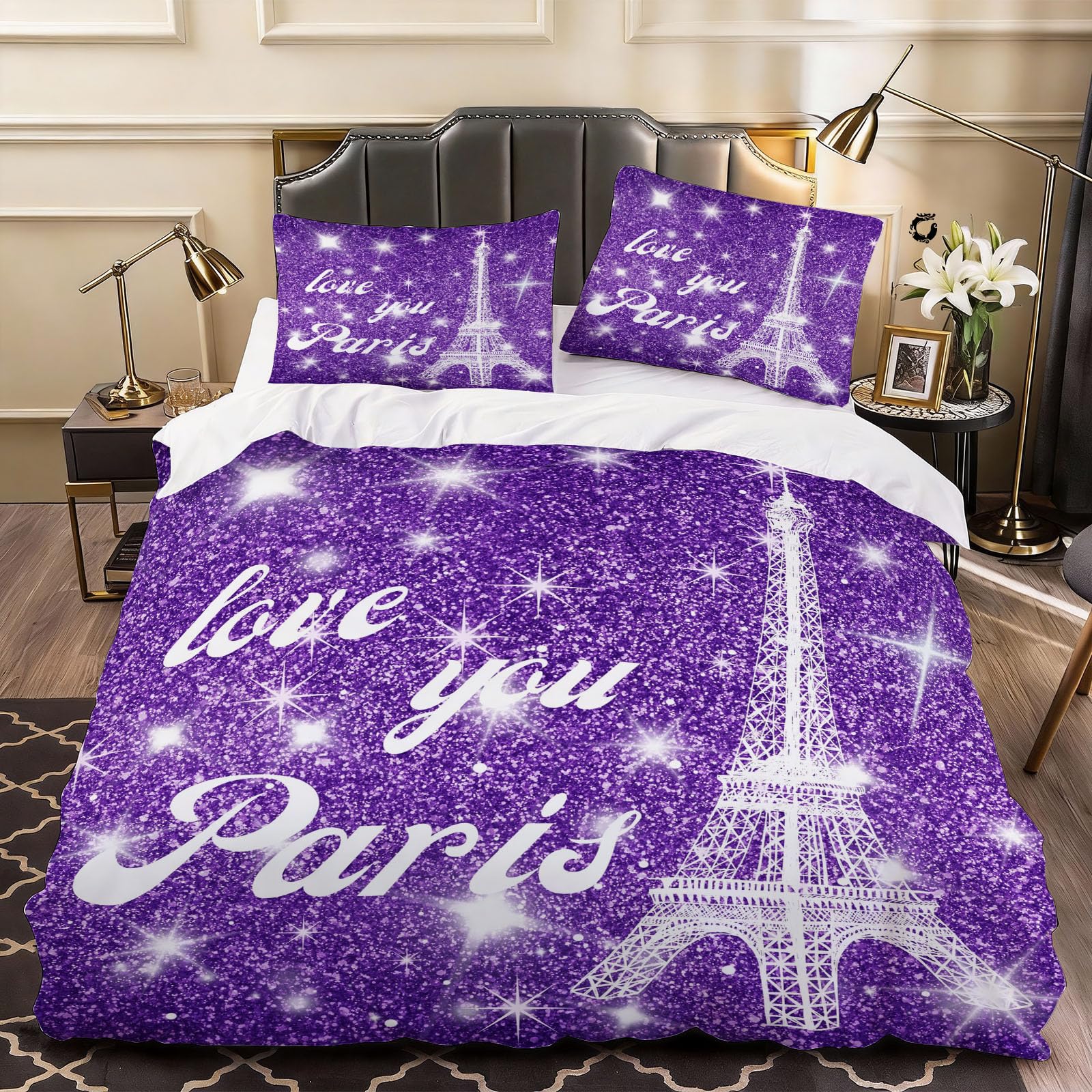 3D Eiffel Tower Duvet Cover Cartoon Bedding Single Bed Set, Soft Microfiber Comforter Cover Printed with Zipper Closure Quilt Coverr 135x200 cm and 2 Pillowcases