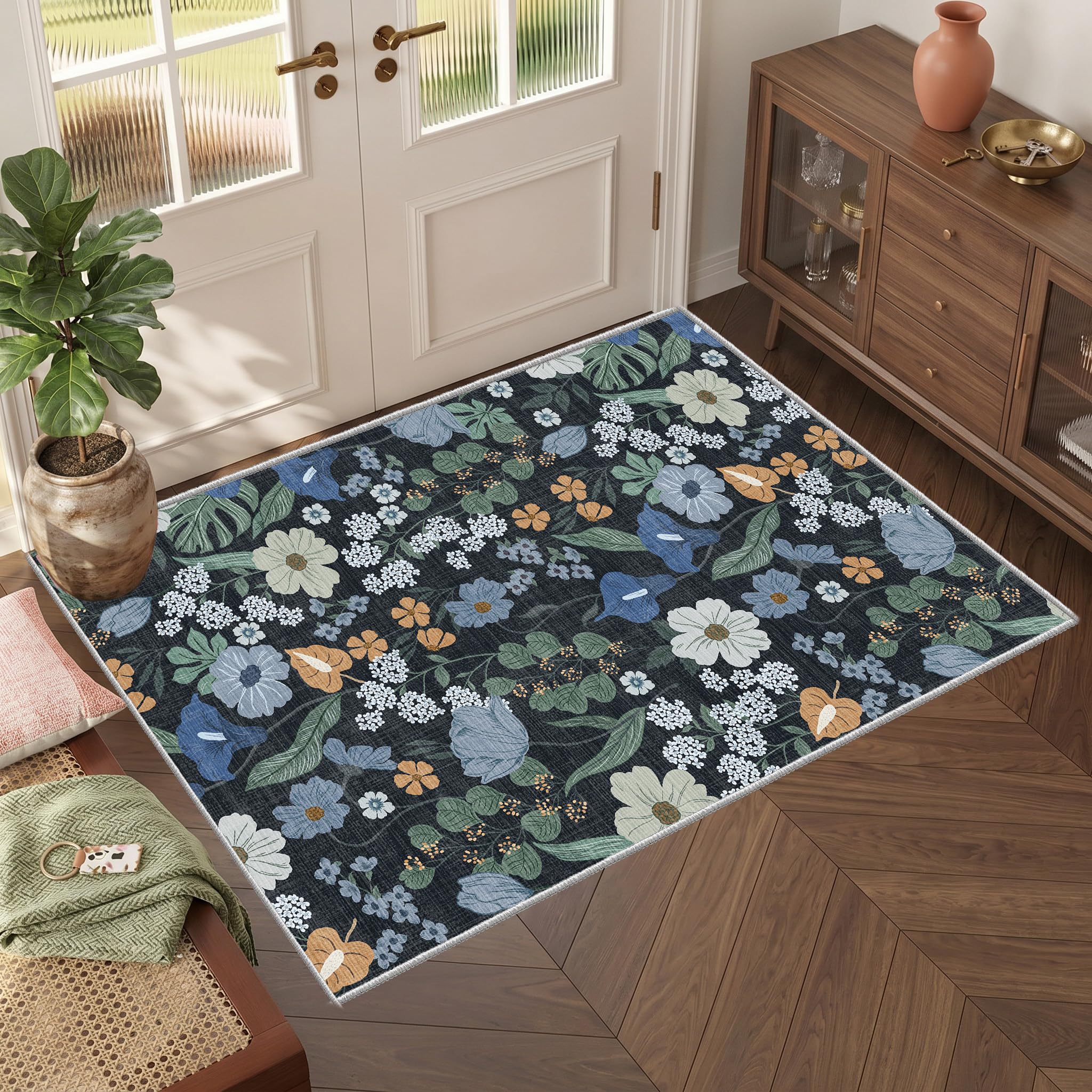 WQMMD Washable Area Rug 60x90cm Blue Floral Pattern Short Pile Non-Slip Carpet Flower Design, Small Rugs for Bedrooms Front Door Entryway Hallway Bedroom Welcome Mat kitchen