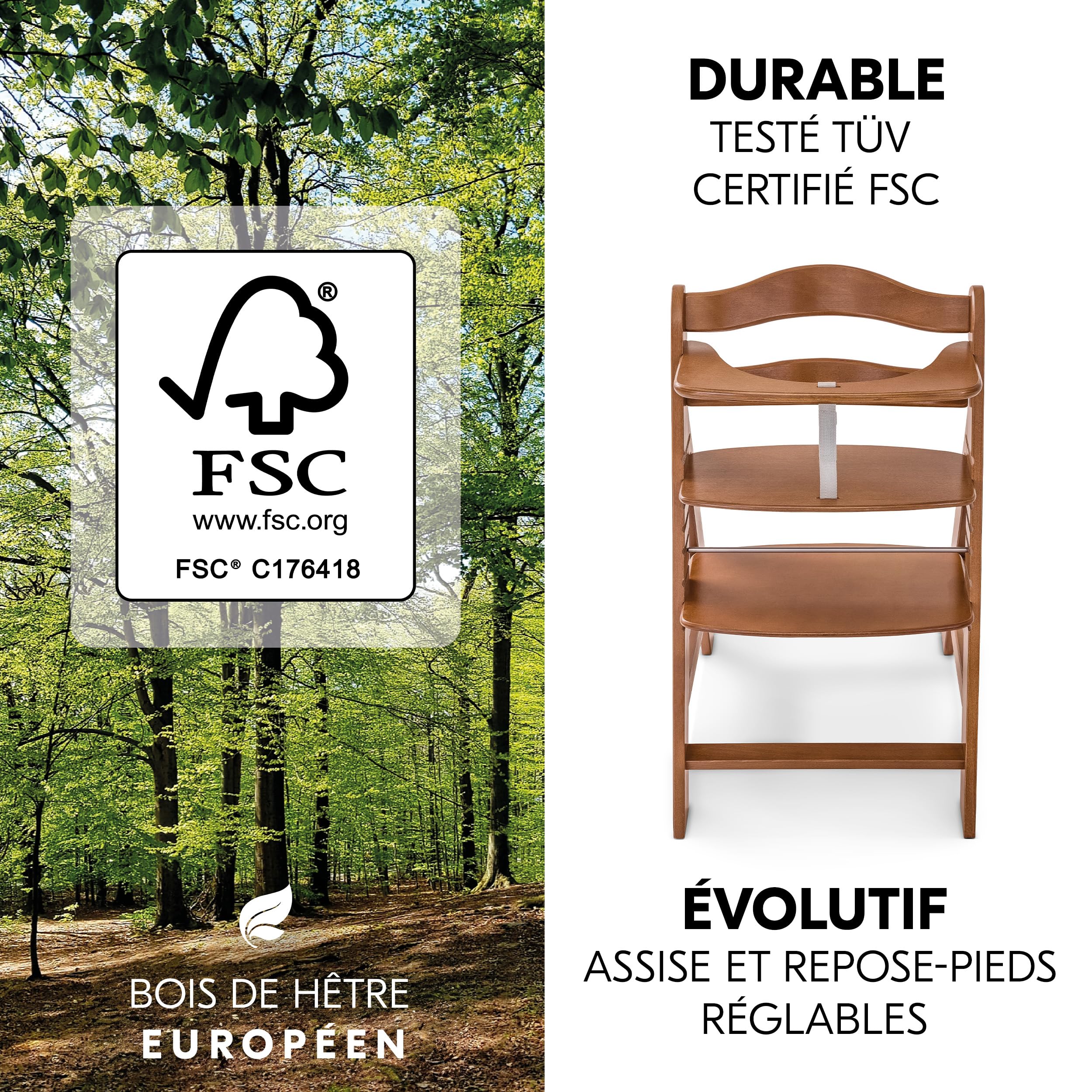 hauck Chaise Haute Bébé Alpha+ avec Siège Highchair Bouncer – Walnut | Chaise haute évolutive en bois, de la naissance à 90 kg, inclus assise bébé ergonomique 3 en 1 et coussin