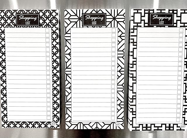 Shopping List Planner with Magnetic Back for Fridge, Stylish Art Deco Design (3 Pack)