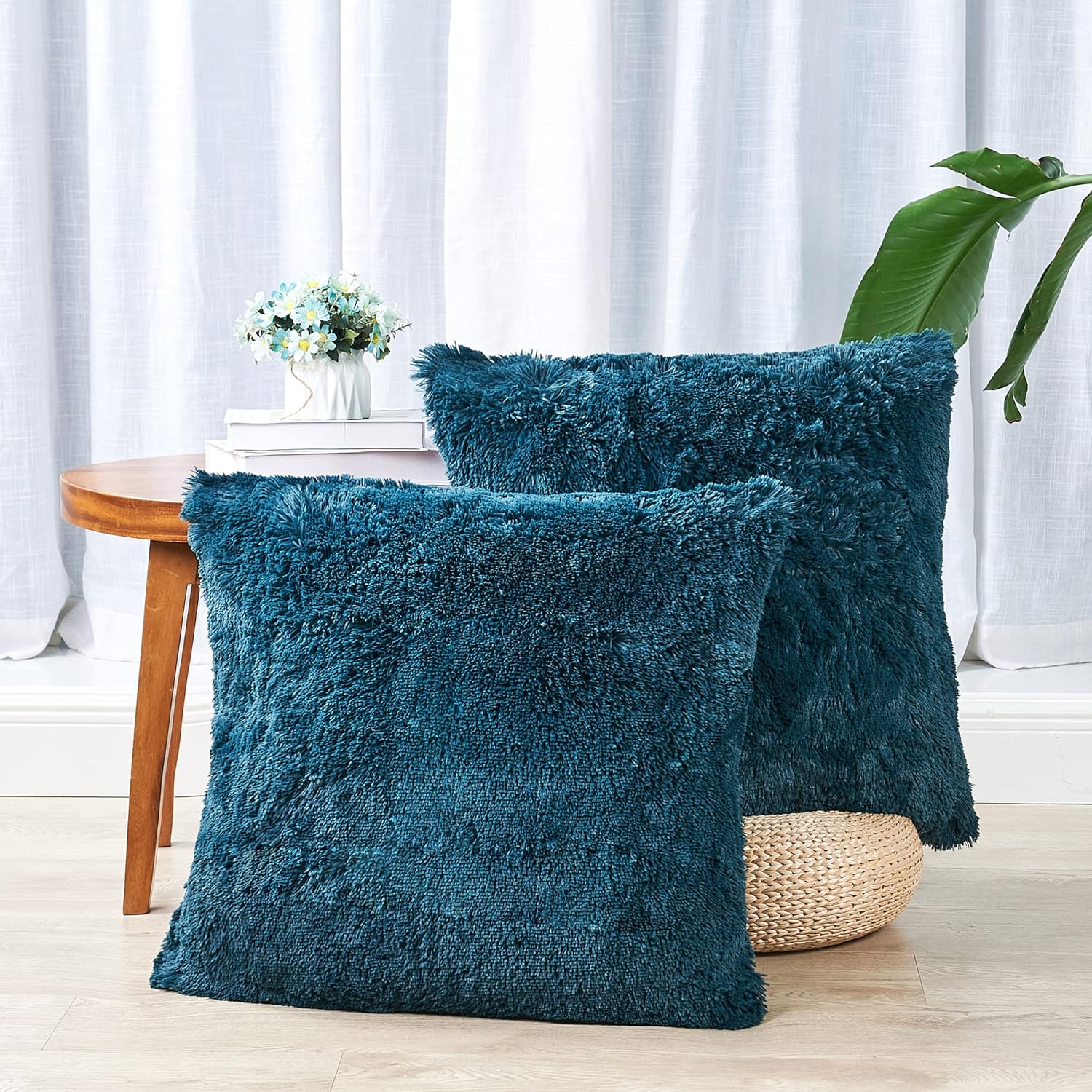 Shaggy Furry Fluffy Faux Fur Decorative Euro Throw Pillow Covers 26 x 26 Inches Set of 2, Plush Soft Luxury Cushion Case Pillowcase for Couch Bed Car Bedroom Living Room, Teal