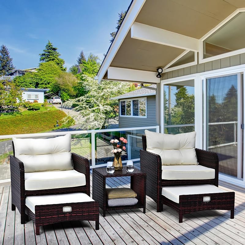 Pamapic 5 Pieces Patio Furniture Set, Rattan Balcony Furniture with Ottomans, PE Wicker Outdoor Patio Chairs Set with Coffee Table for Poolside, Porch, Lawn, Garden, Balcony(Beige) image 3