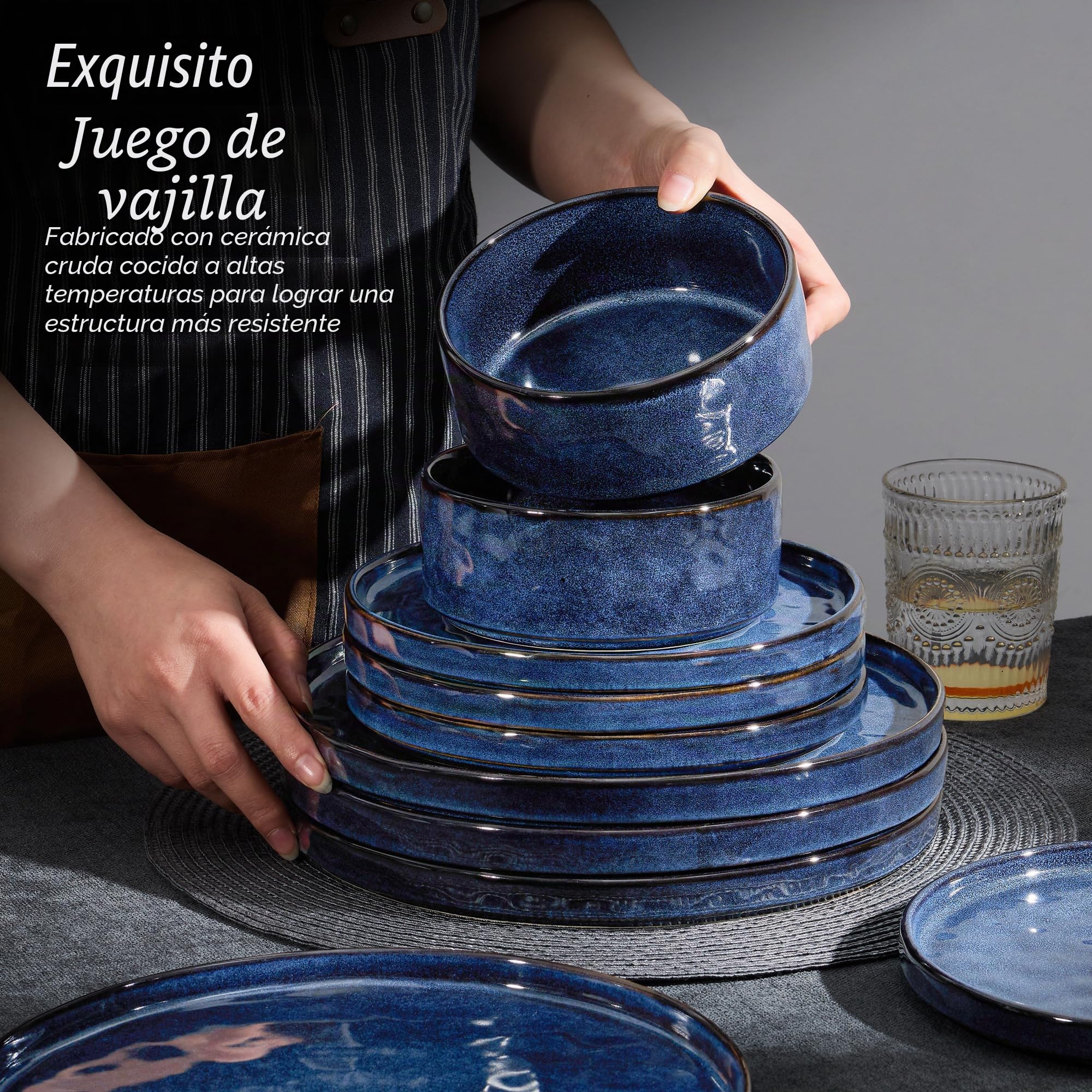 Juego de vajilla Homikit, juego de vajilla de 12 piezas para 4 personas, servicio de mesa combinado con platos llanos, platos de postre y cuencos para cereales, azul noble