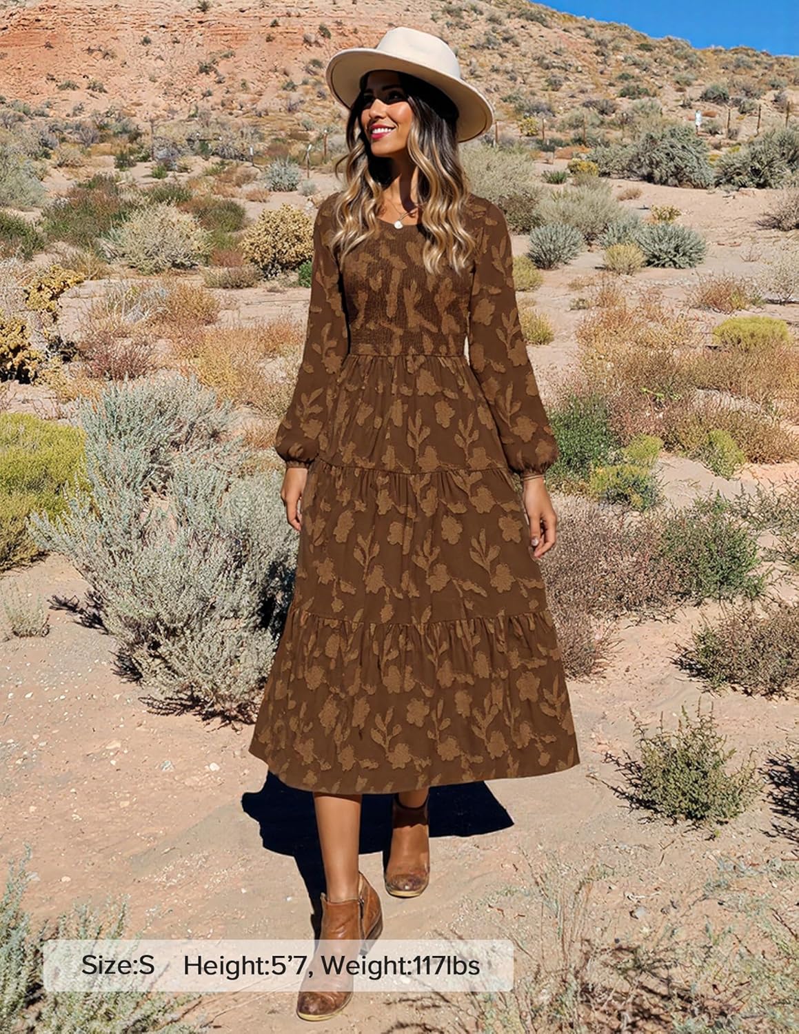 ZESICA Women's Fall Boho Floral Midi Dress 2026 Casual Long Sleeve Crewneck Flowy Wedding Guest Long Dresses - Image 6