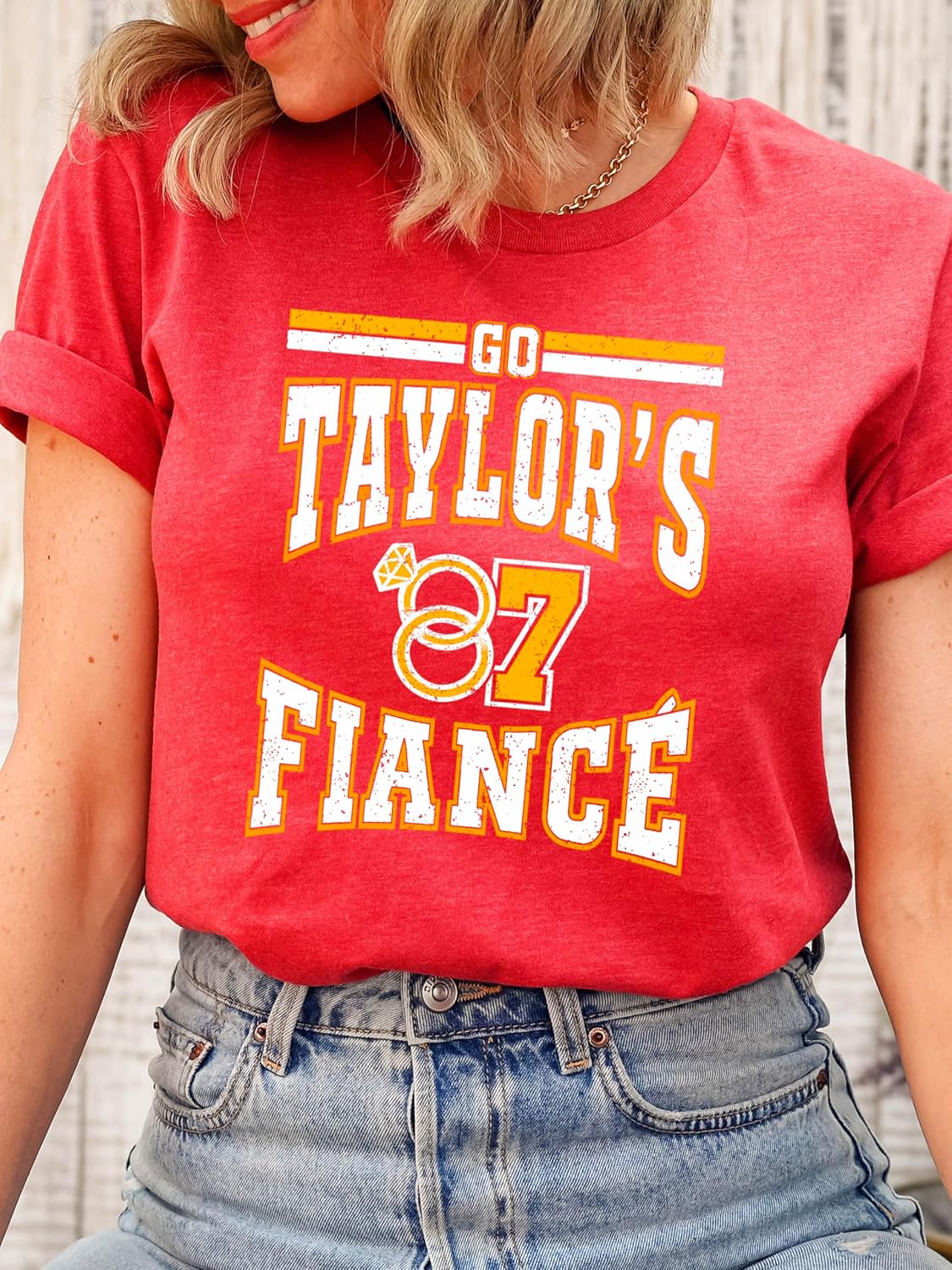 Go Taylor's Fiance Sports T-Shirt for Women, Teens & Youth Red and Gold Football Game Day Tee