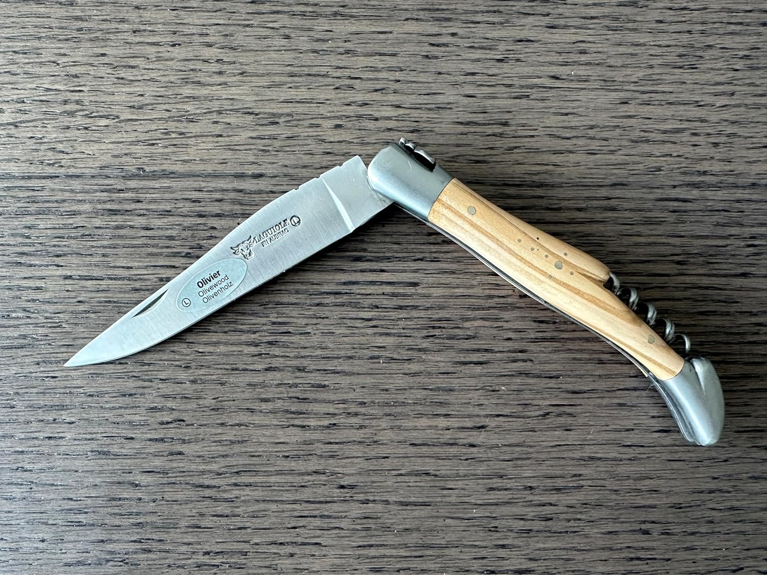 Laguiole en Aubrac Handcrafted Luxury Folding Pocket Steak Knife with Corkscrew, 4.75-in (12 cm), Olive Wood Handle, Brushed Bolsters