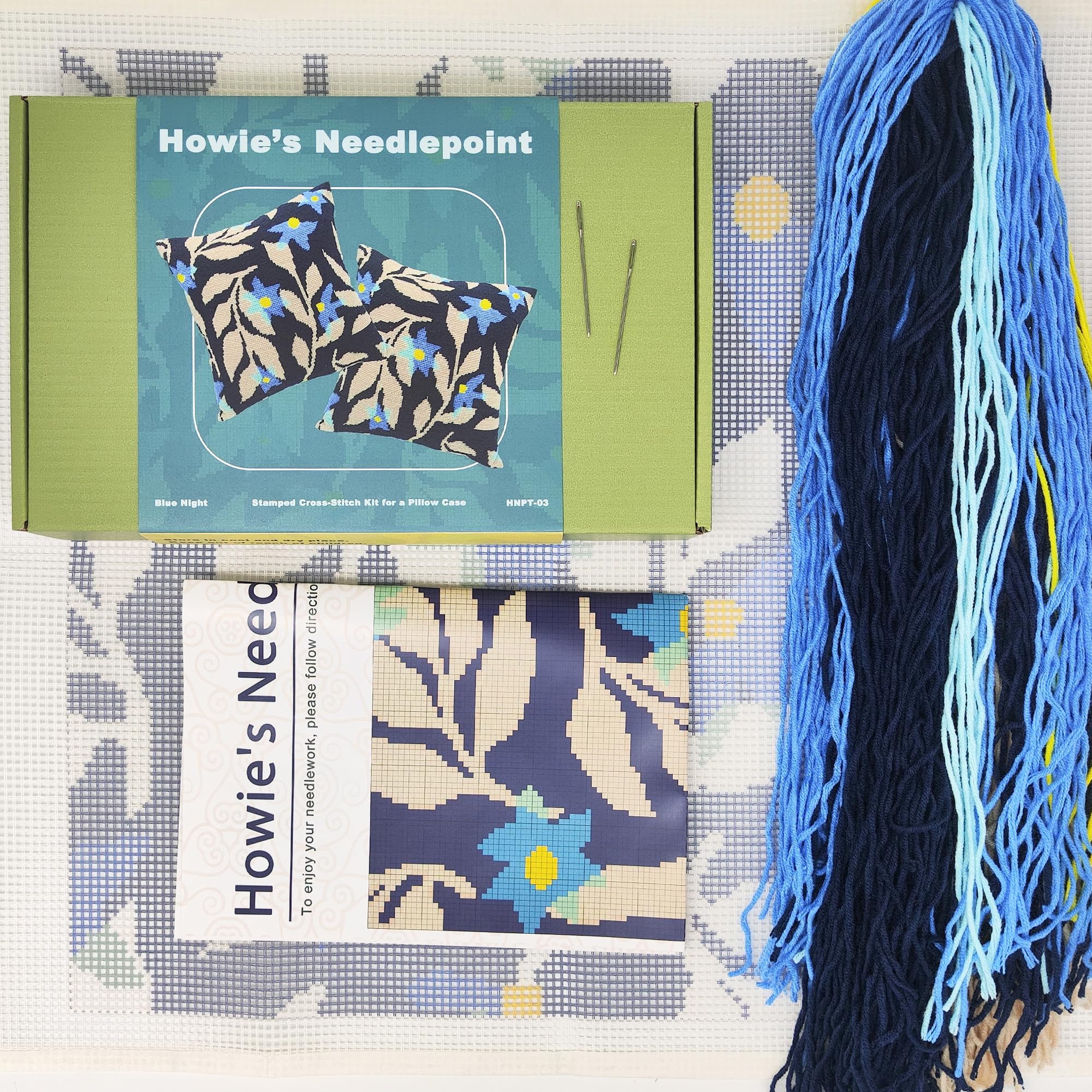 Howie's Needlepoint Needlepoint Kits for Adults, Cushion Front Cross Stitch Kit with Embroidery Pattern on Cotton Canvas, Yarn, 2 Needles and Instruction, 16 x 16inch(Blue Night)