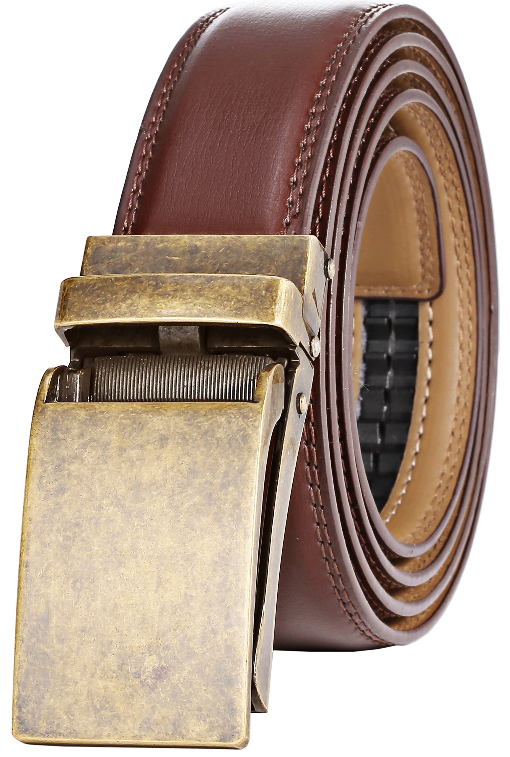 Marino Avenue Men’s Genuine Leather Ratchet Dress Belt with Linxx Buckle - Gift Box - Gold Vintage - Brown - Adjustable from 28" to 44" Waist