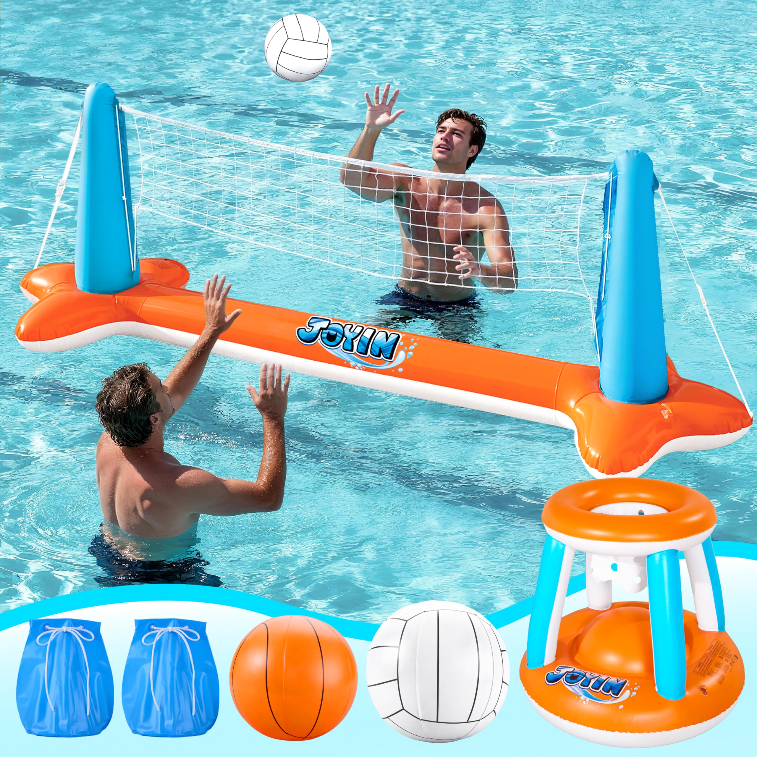 JOYIN Aufblasbare Pool Float Set Volleyballnetz Basketballkörbe Bälle Wasserspielzeug Poolspielzeug