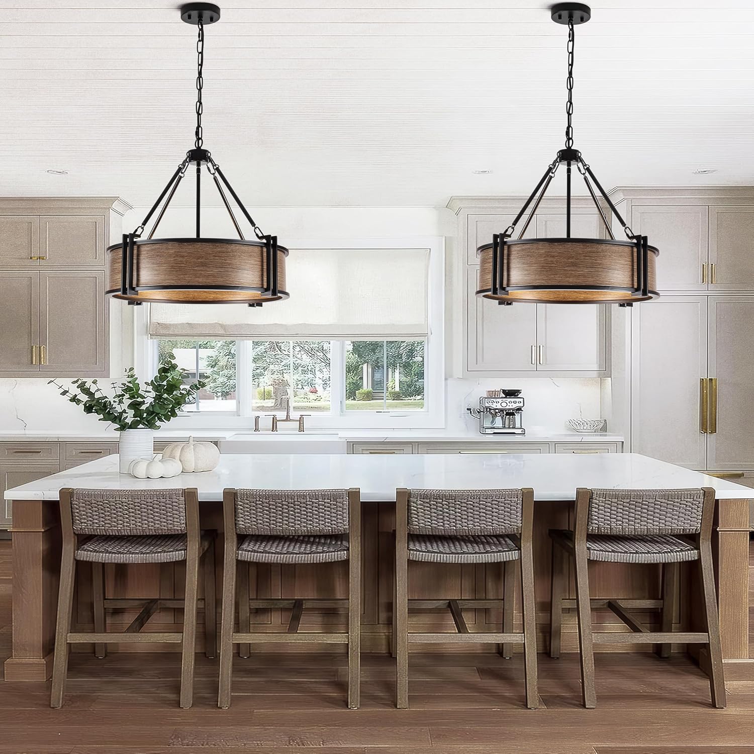 21" Farmhouse Chandelier, 5-Light Wood Texture Round Chandelier, Industrial Hanging Pendant Light Fixture for Dining Room Kitchen Island Foyer Hallway Bedroom