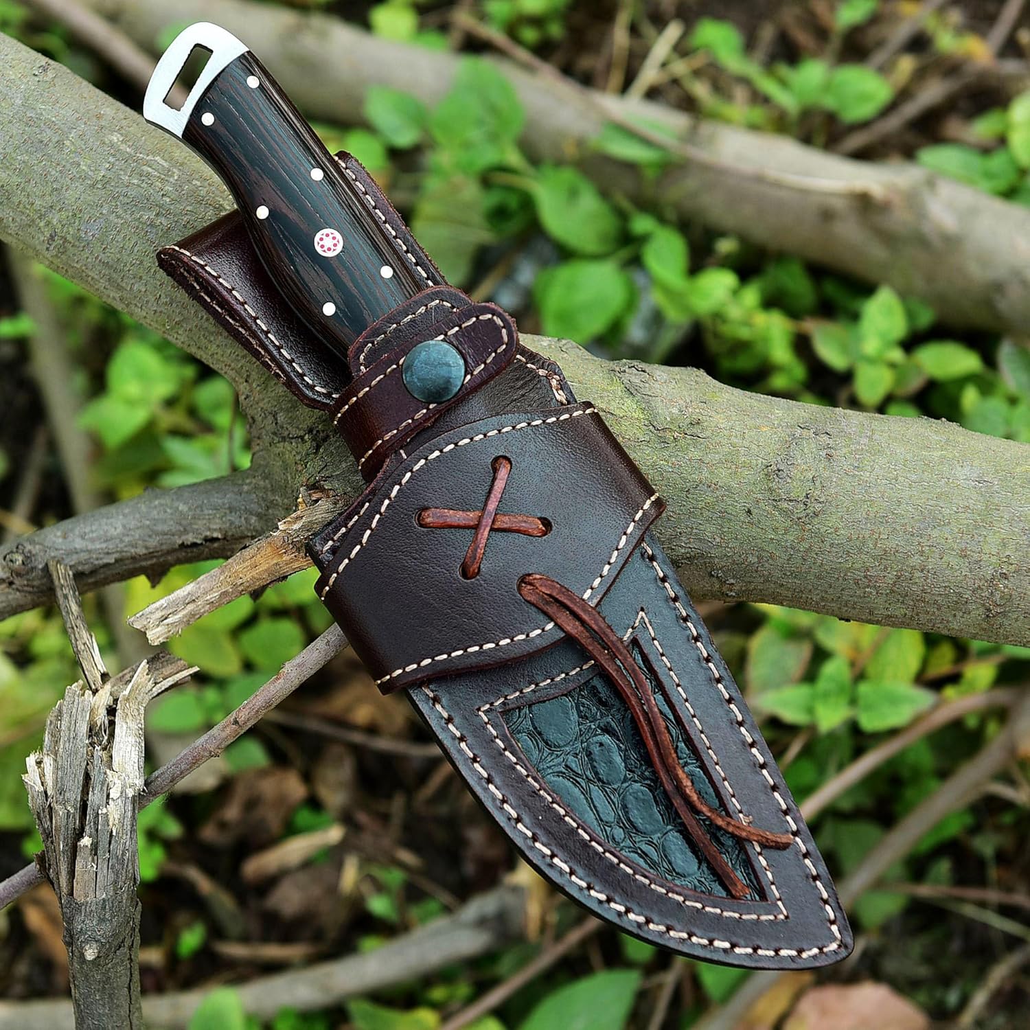 Damascus Steel Hunting Knife with Leather Sheath, Wenge Wood Handle 9.25 inch Handmade Outdoor Camping Fixed Blade Survival Knife Y-250