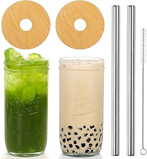 Sponsored Ad - Mason Jar with Lid and Straw, ANOTION 24oz Wide Mouth Boba Cup Reusable Drinking Glasses Tumbler Smoothie W...