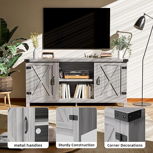 Miniatura 14 de JUMMICO Soporte de TV, centro de entretenimiento de granja de TV de 65 pulgadas con puertas dobles de granero y armarios de almacenamiento, consola