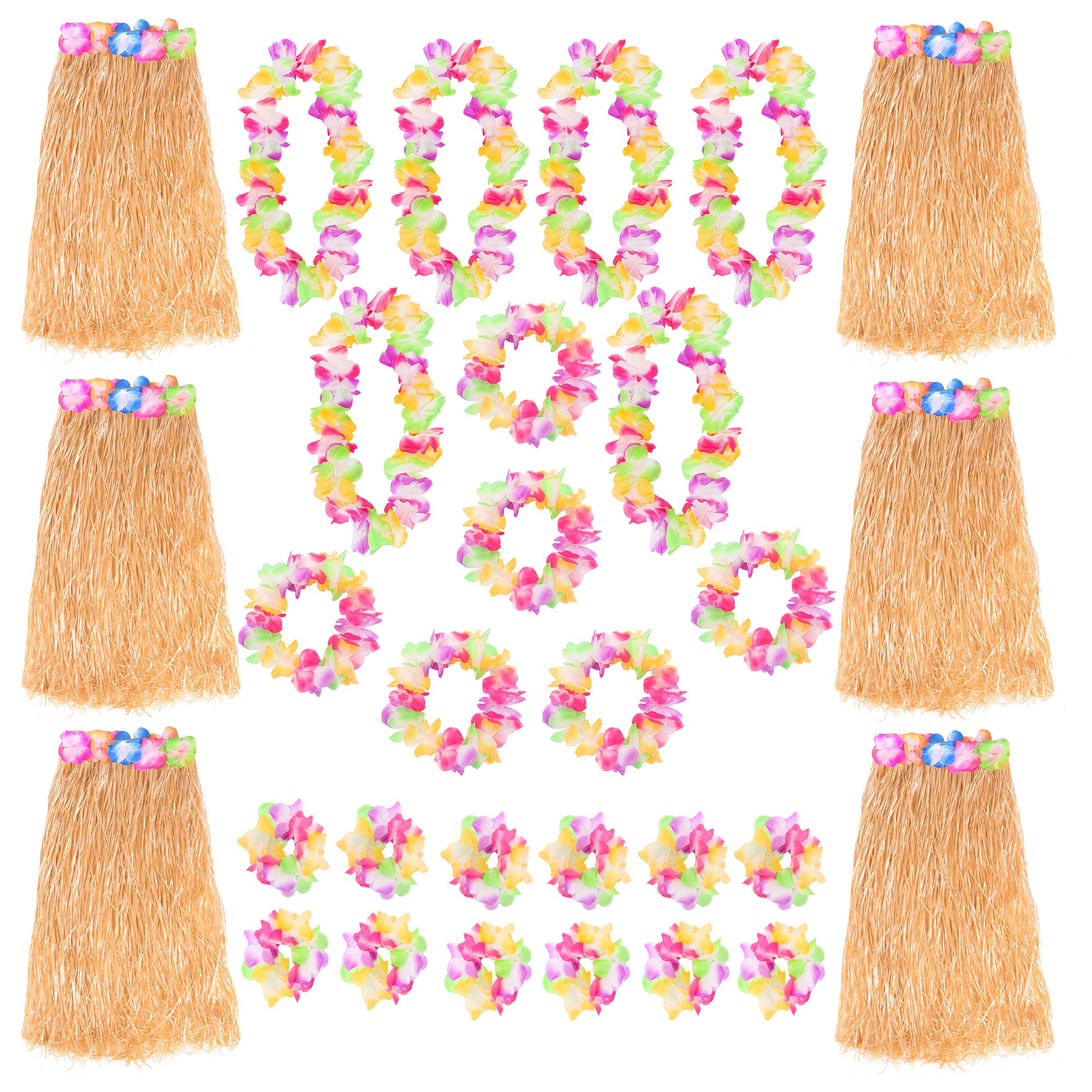 Natural Hawaiian Hula Skirt and Multicoloured Lei Set X6 - Flower Necklace, Headband and Bracelet - 80cm Grass Hula - Luau - Fancy Dress Costume Accessory