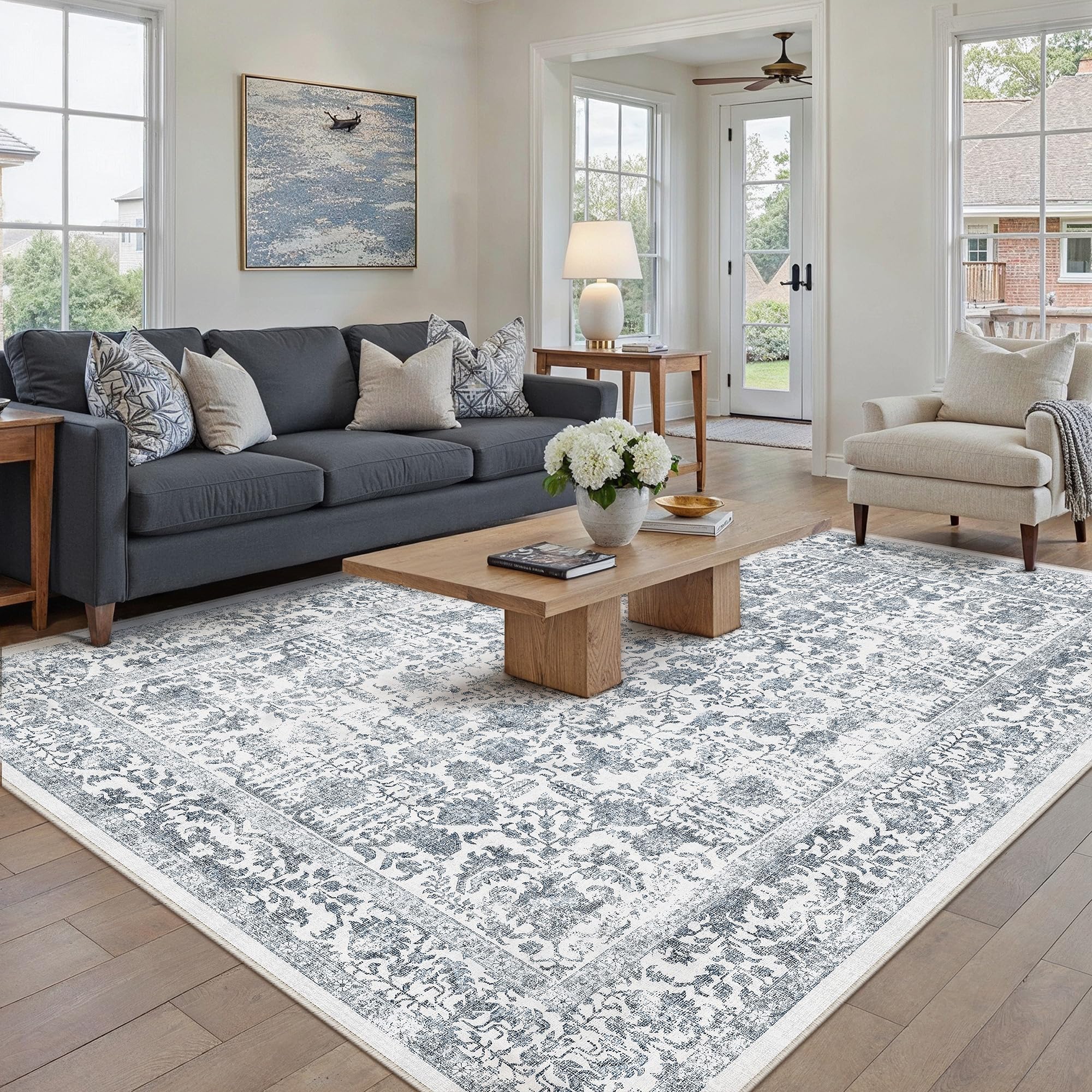 PureCozy Navy Blue Area Rug 5x7 Machine Washable Vintage Living Room Distressed Non Slip Carpet Traditional Indoor Bedroom Retro Floral Accent Throw Large Rug for Office Kitchen Bathroom Dining Room โ image 1