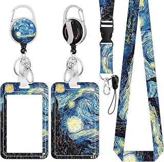 ID Badge Holder with Lanyard, Retractable Badge Reel with Swivel Belt Clip, Detachable Lanyard Name Card Tag Vertical ID Protector Badge Reel for Nurse Doctor Office Employees (Starry Night)