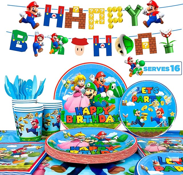 Super Mario Party Supplies Tableware-128pcs Super Mario Party Tableware Set, Mario Party Plates Cups Napkins Tablecloth Banner etc Mario Party Decorations for Kids Boys Girls Birthday Party