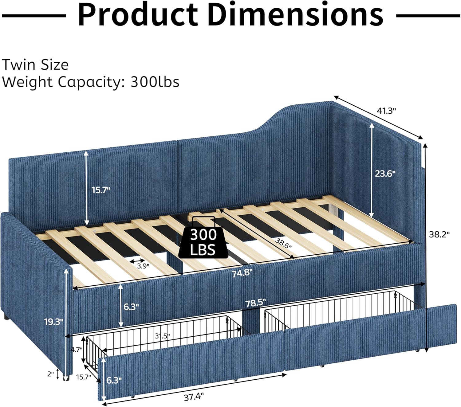 Twin Daybed with Storage Drawers, L-Shaped Platform Bed Frame Twin Size with Headboard for Kids, Twin Size Corduroy Upholstered Corner Bed for Living Room, Wood Slats, No Box Spring Needed, Blue