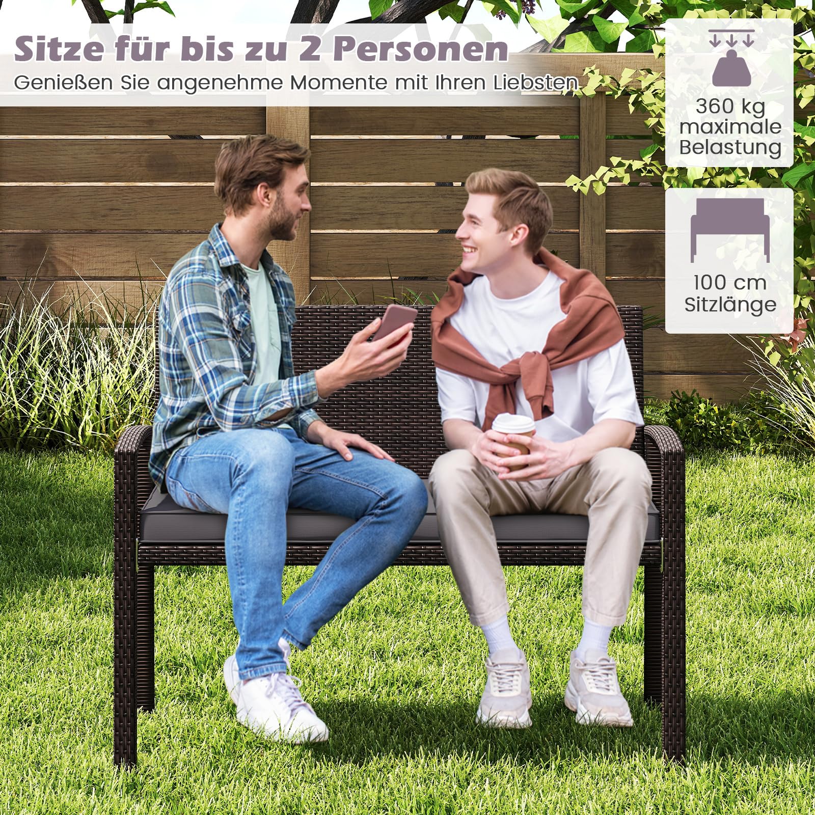 COSTWAY Polyrattan Gartenbank mit Sitzkissen, Balkonbank wetterfest, 2-Sitzer Rattan Sitzbank bis 360 kg belastbar, Terrassenbank für Garten, Balkon und Terrasse, 110 x 56 x 84 cm (Grau)