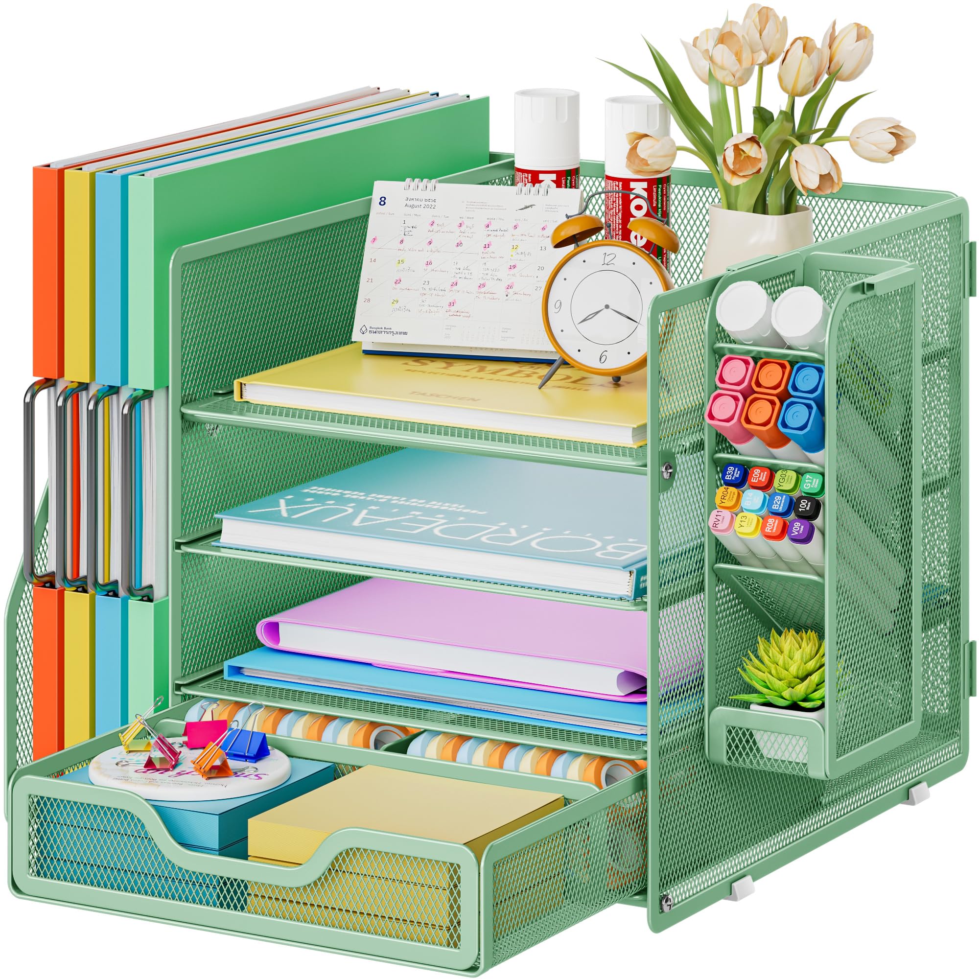 Marbrasse Mesh Desk Organiser,4-Tier Desk File Holder and Drawer,Multifunctional Desktop Paper Letter Tray with Pen Holder,Desktop Storage Organiser for Office Home and School (Green)