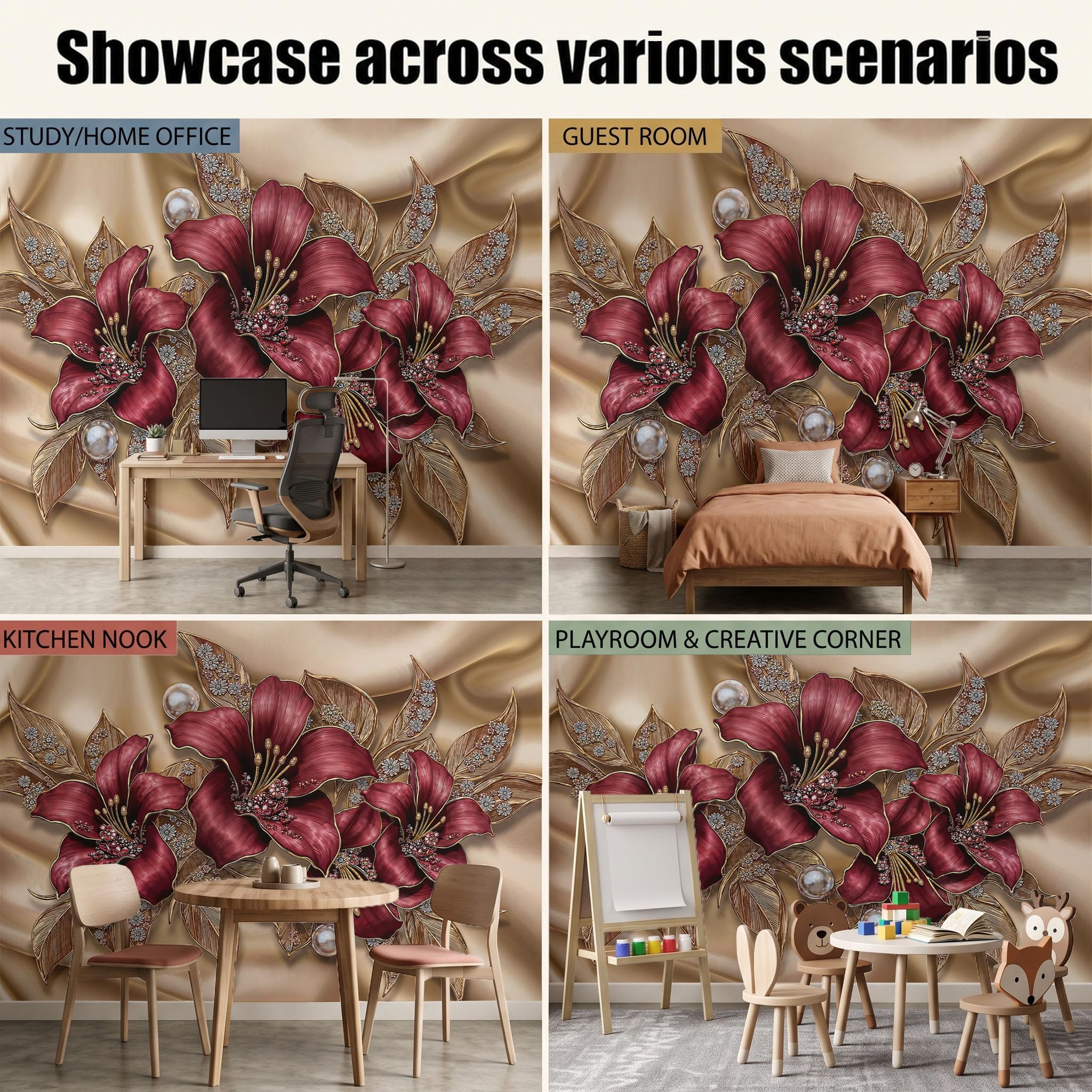 Retro-Blumenmuster Fototapete Schlafzimmer, 3D-Luxus-Lilienzweige Und -Blätter Seidentapete Wandtapete für Esszimmer Wohnzimmer E-Sport-Raum, Burgund Wanddeko - 300 x 210 cm