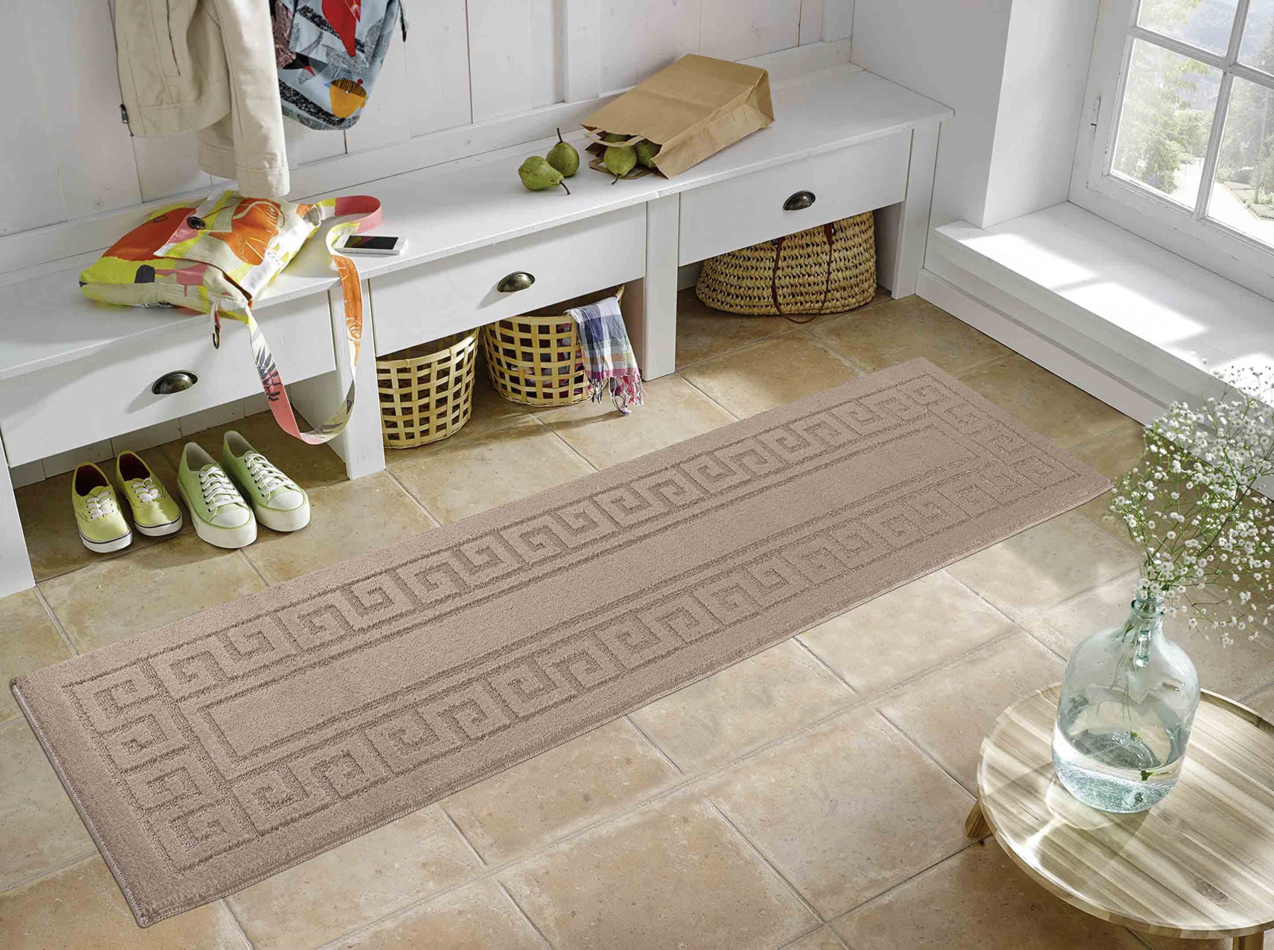IVY Washable Door Mat Kitchen Mats Non Slip Greek Key Design Kitchen & Hall Runners Doormats, Beige, 60x220 cm