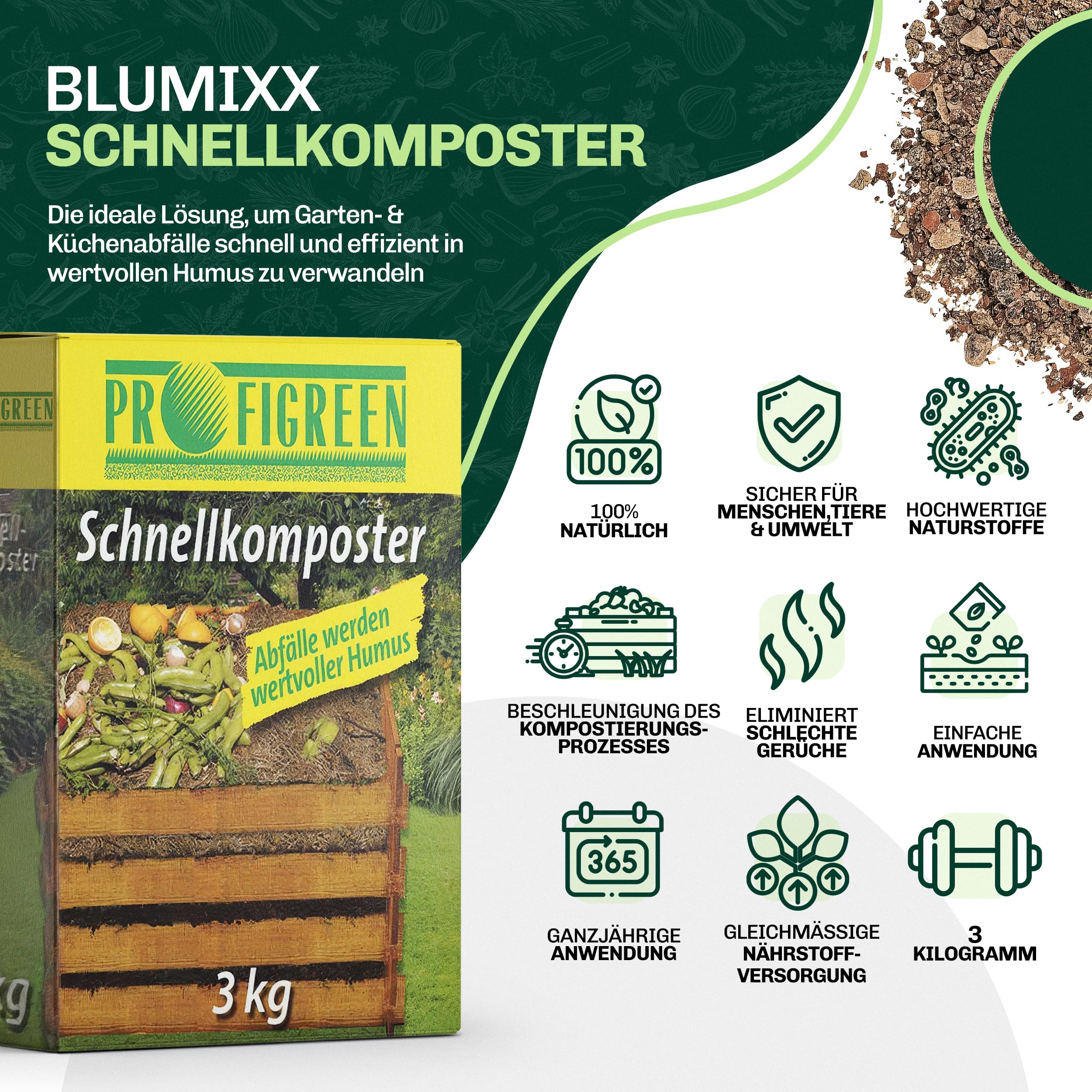 Blumixx Compostador rápido de 3 kg granulado acelerador de compostaje – Aceleración del proceso de compostaje – Arrancador de compostaje de alta calidad de sustancias naturales – Ideal para suelos
