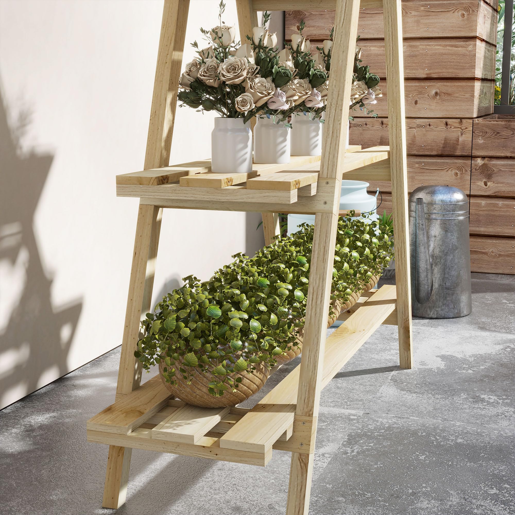 Outsunny Scaffale Porta Piante Verticale a Doghe 100x36x112 cm Color Legno | 3 Livelli Pieghevole, Fioriera in Legno di Abete, per Esterni