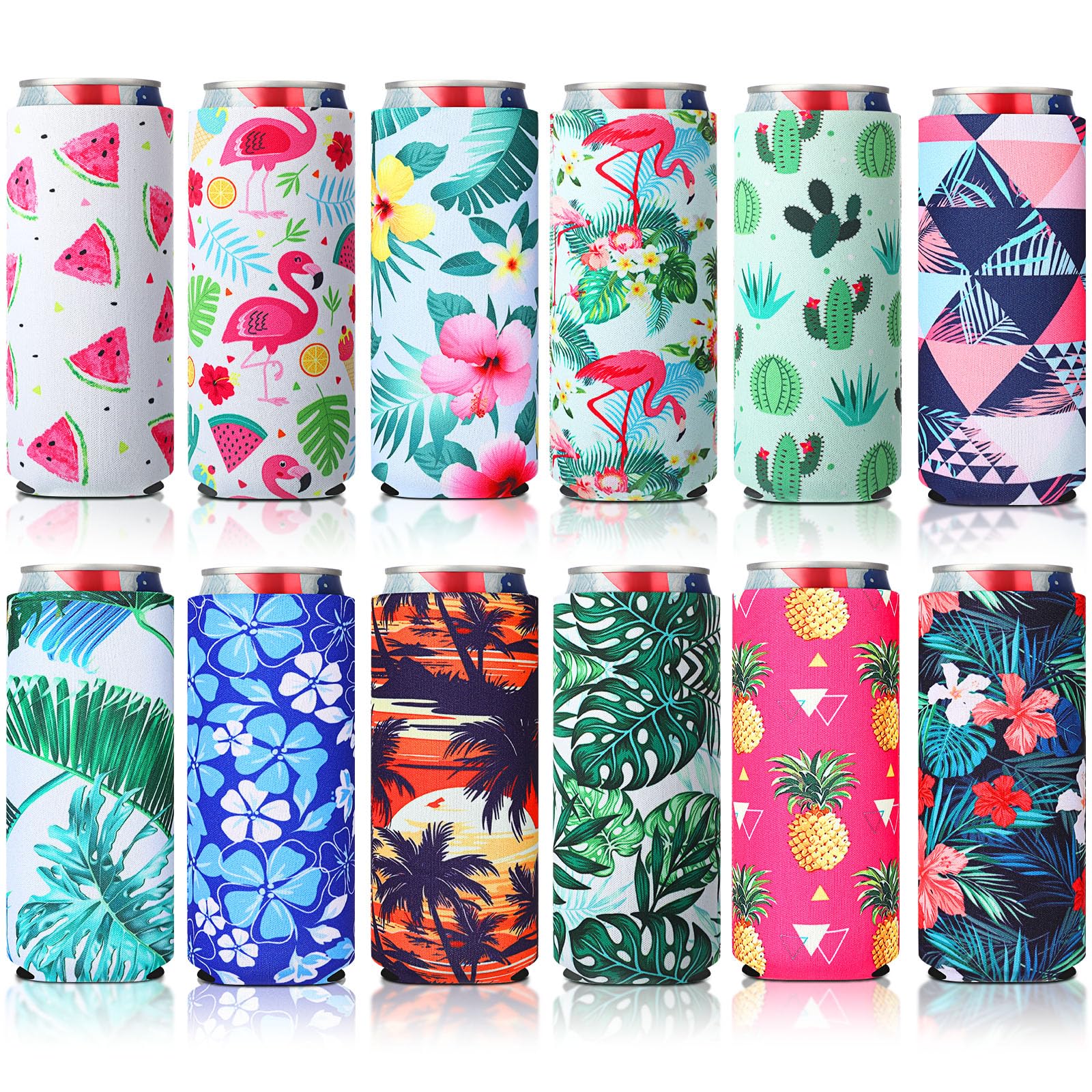 BBTO 12 Count 12 oz Slim Can Coolers Sleeves Reusable Neoprene Can Cooler Holder Hawaii Style Colorful Bottle Insulator Sleeve for Energy Drink and