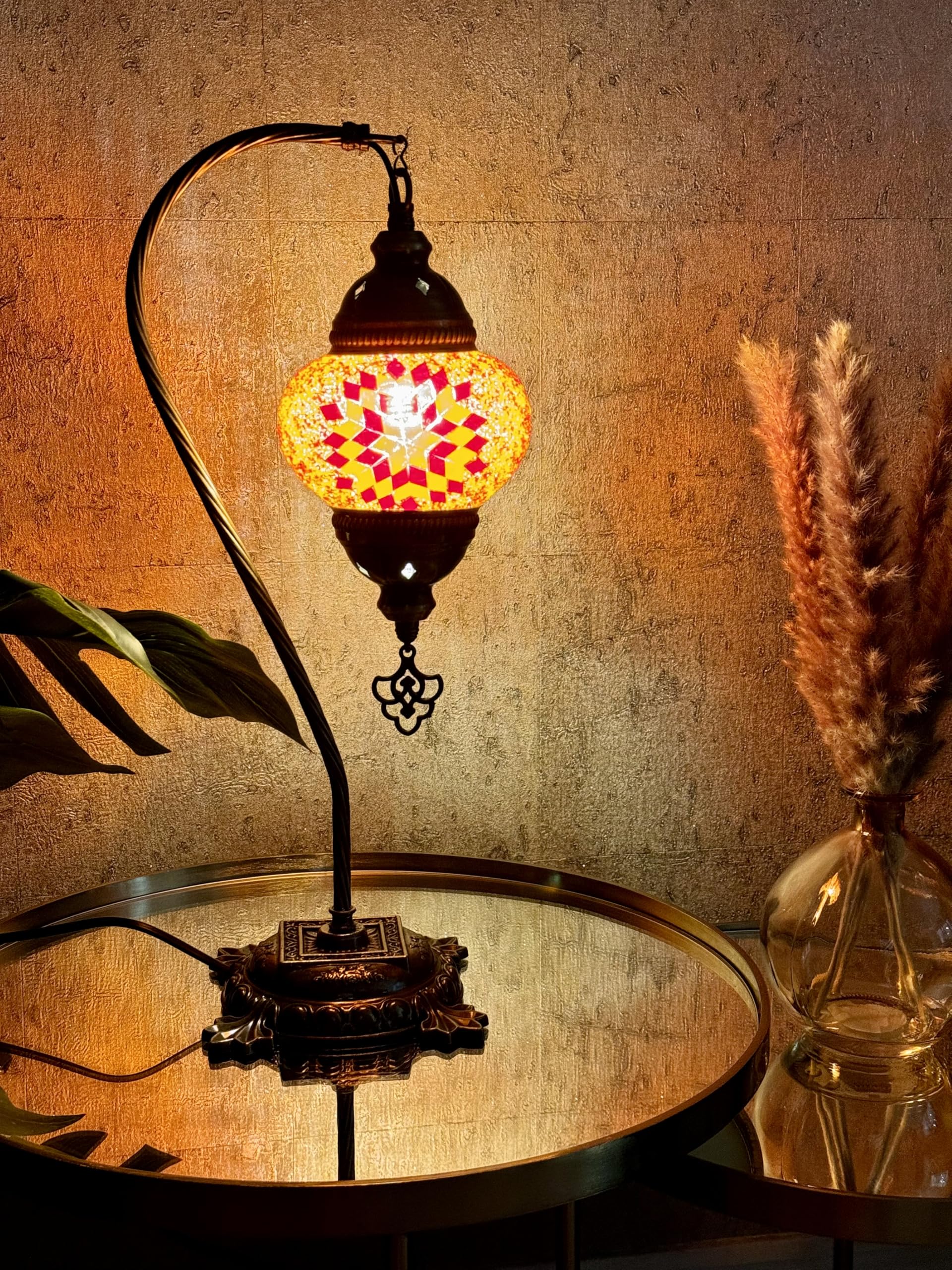 Lightza Handmade Turkish Moroccan Mosaic Desk Lamp LED Bulb | Swan Neck Unique Globe Lampshade Table Light | UK Tested Safe Energy Efficient (Red & Golden) โ image 1