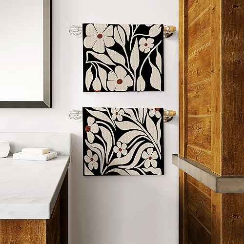 Miniatura 6 de Juego de toallas de cocina y baño, diseño floral retro de los años 70, color beige y negro, 2 toallas de mano de 16 x 24 pulgadas