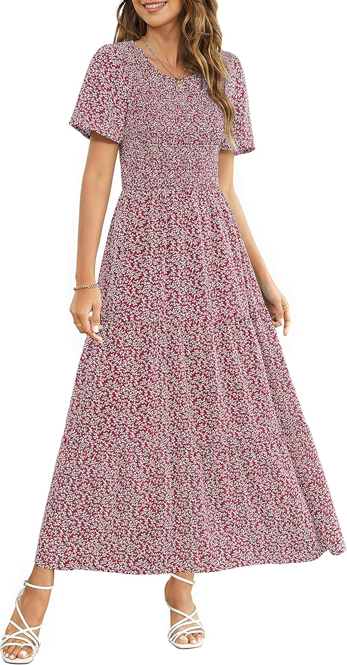Maggeer Women's 2023 Summer Casual Short Sleeve Maxi Dress Smocked Floral Bohemian Tiered Flowy Long Dress
