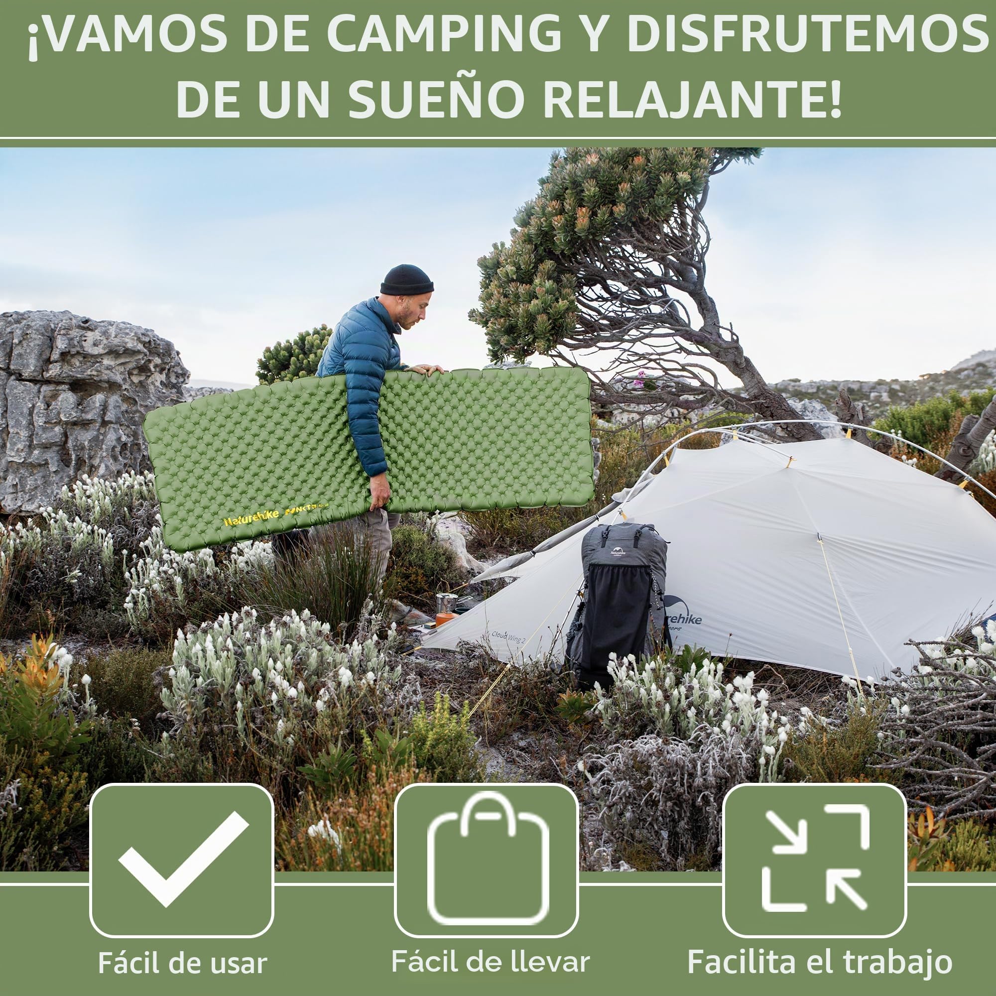 Naturehike Colchoneta autoinflable y hinchable para acampar, esterilla de dormir portátil, colchón de aire individual para trekking, senderismo, montañismo y mochilero