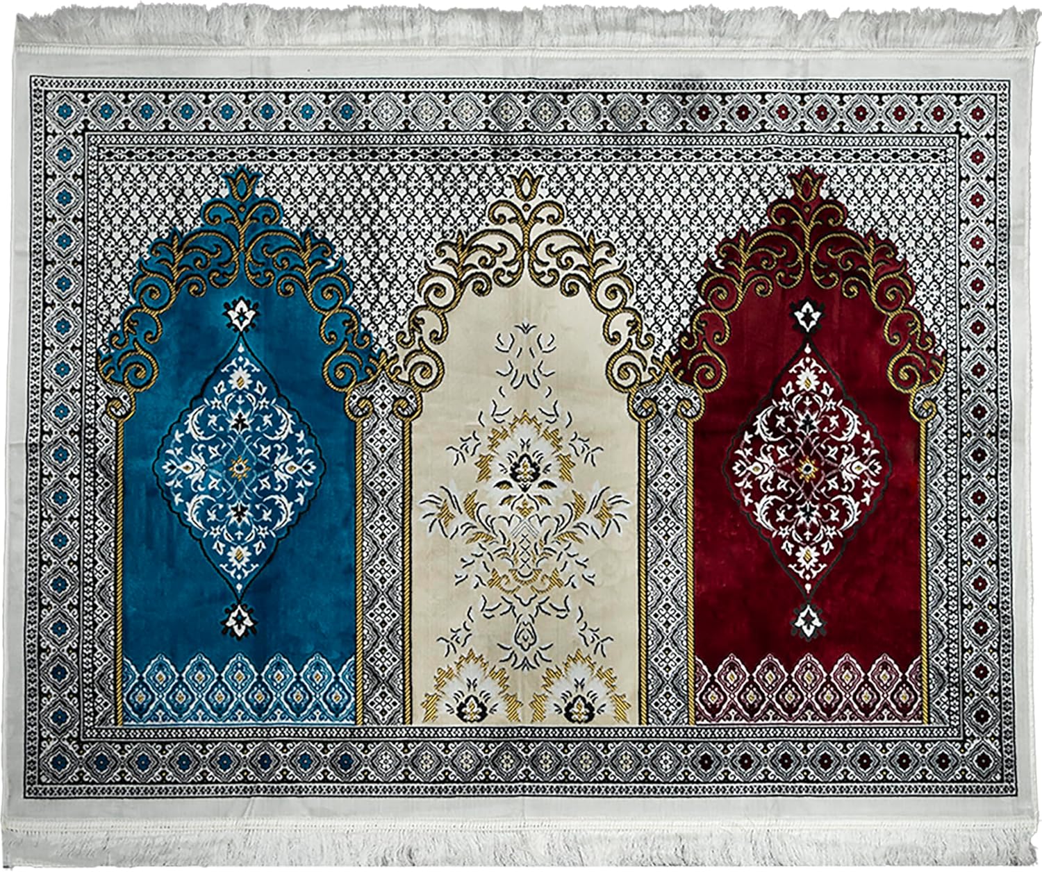 Modefa Turkish Islamic Prayer Rug - Wide Plush Velvet Mat - Multi Person Muslim Janamaz for Family - Large Gathering & Group Sajada Carpet - Floral Arch - 3 Person (17-11)