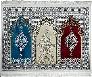 Modefa Turkish Islamic Prayer Rug - Wide Plush Velvet Mat - Multi Person Muslim Janamaz for Family or Mosque - Large Gathering & Group Sajada Carpet - Floral Arch - 3 Person (17-11)