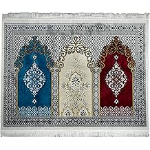 Modefa Turkish Islamic Prayer Rug - Wide Plush Velvet Mat - Multi Person Muslim Janamaz for Family - Large Gathering &amp; Group Sajada Carpet - Floral Arch - 3 Person (17-11)
