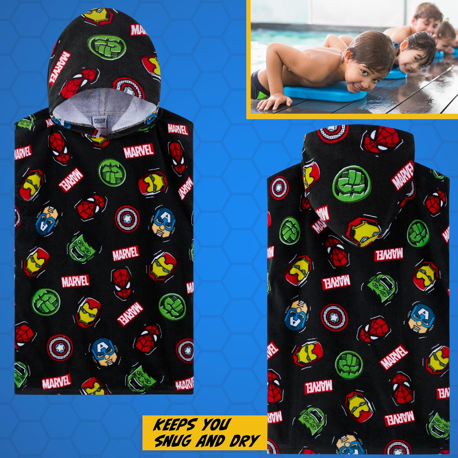 Marvel Spiderman Kids Changing Robe, Hooded Towel Poncho Boys Girls, Avengers Wearable Towel for Swim Surf, Gifts for Kids (Multi Avengers, 6-9 Years)