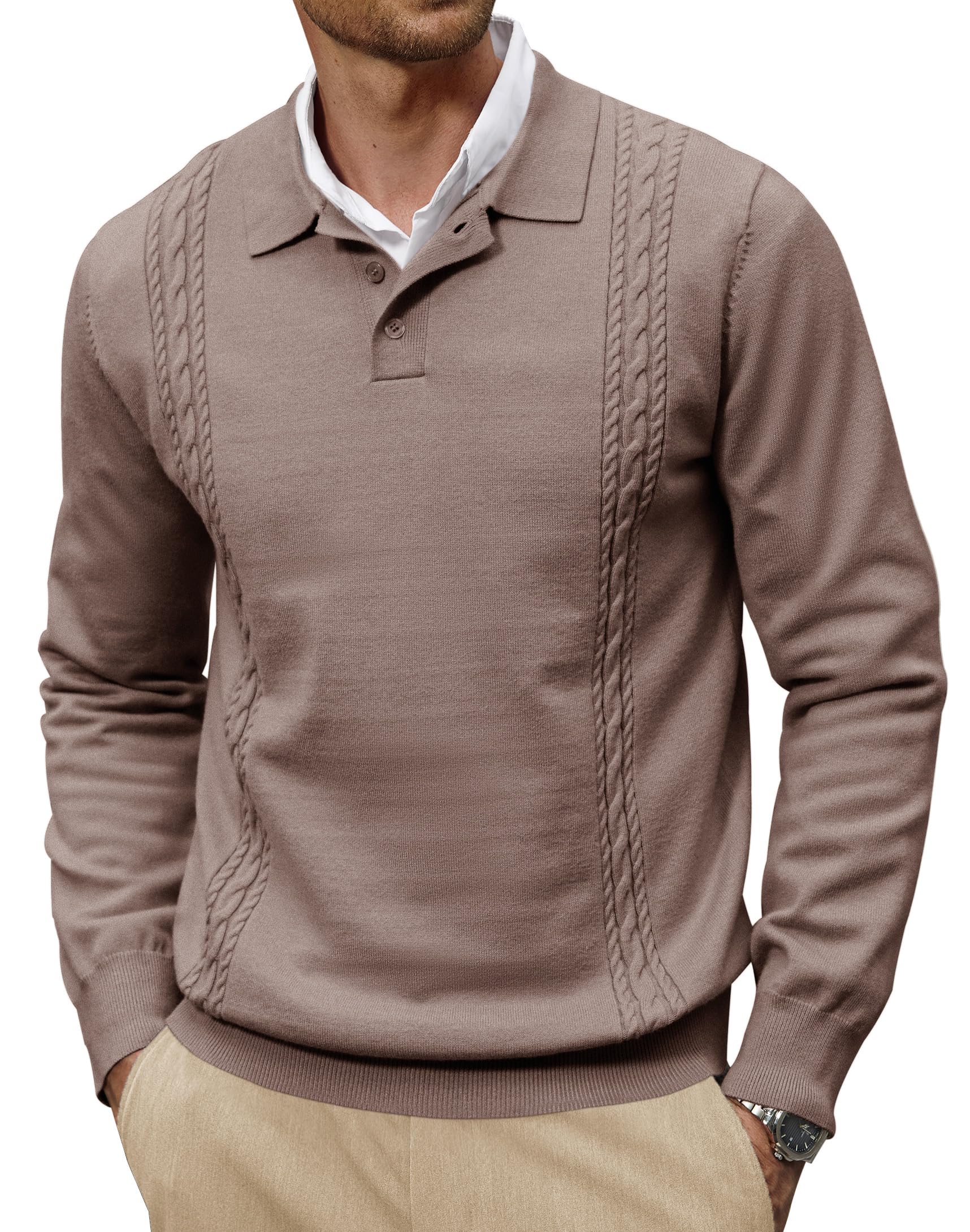 Mens Cable Knit Sweater Polo Causal Textured Pullover