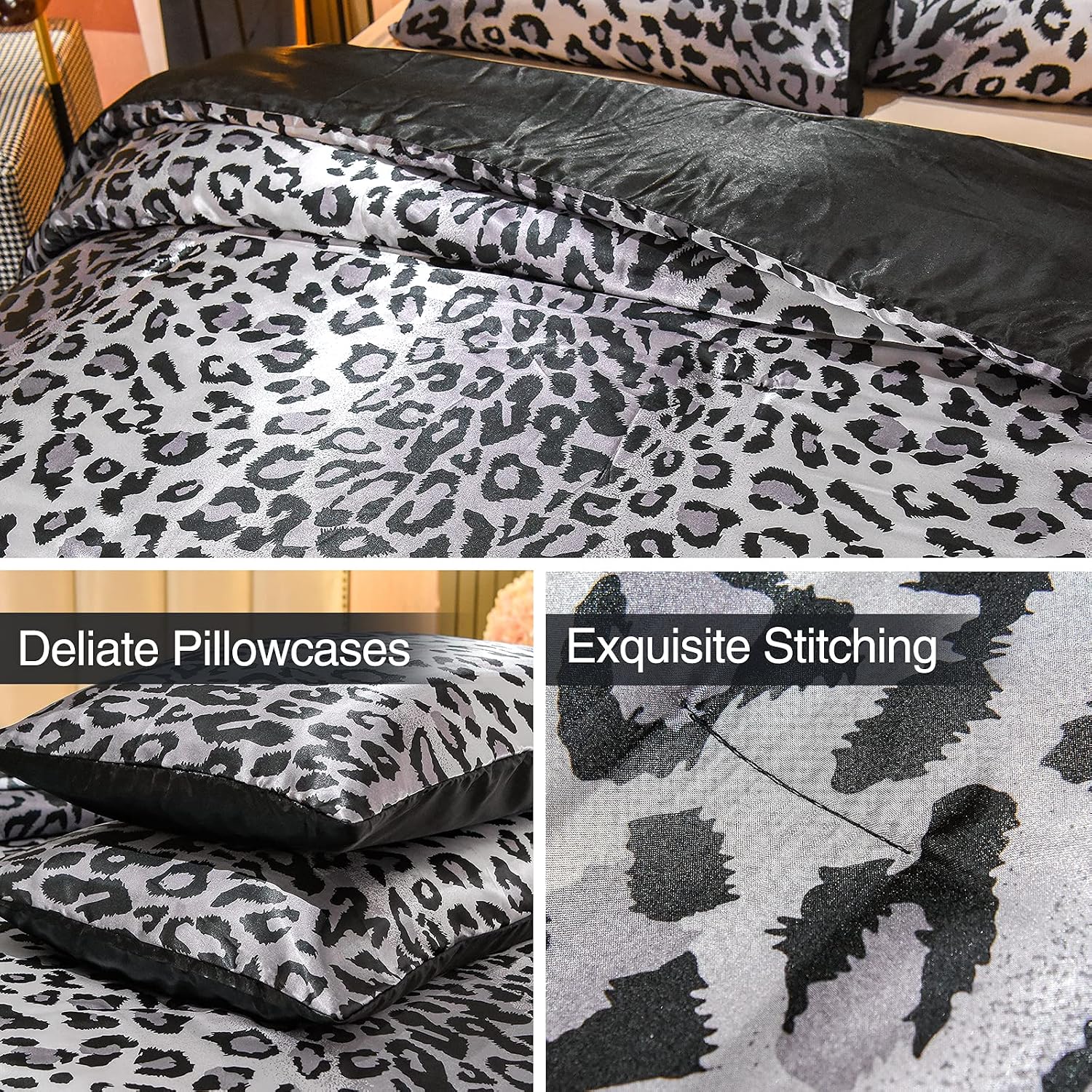 A Nice Night Leopard Printed,Silver Grey Satin Silky Soft Quilt Sexy Luxury Super Soft Microfiber Comforter Quilt Bedding Comforter Set Full/Queen, Light Weighted (Silver, Queen(88-by-88-inches))