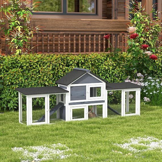 PawHut 83 L Outdoor Rabbit Hutch, Guinea Pig Cage Indoor Outdoor Wooden Bunny Hutch with Double Runs, Weatherproof Roof, Removable Tray, Ramps, Dark Gray