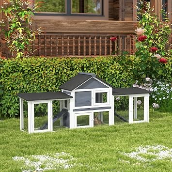 PawHut 83 L Outdoor Rabbit Hutch, Guinea Pig Cage Indoor Outdoor Wooden Bunny Hutch with Double Runs, Weatherproof Roof, Removable Tray, Ramps, Dark Gray