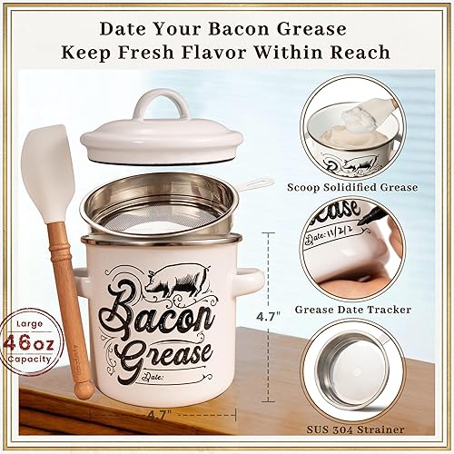 Miniatura 9 de Contenedor de grasa de tocino con colador, gran capacidad de 46 onzas, con espátula de madera de silicona de grado alimenticio, protector de grasa