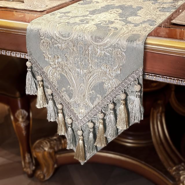 TOPLUXE Table Runner with Handmade Tassels, Damask Table Runner for Dining Room/Restaurant/Banquet/Festival Decoration (33x180cm, Light Grey)