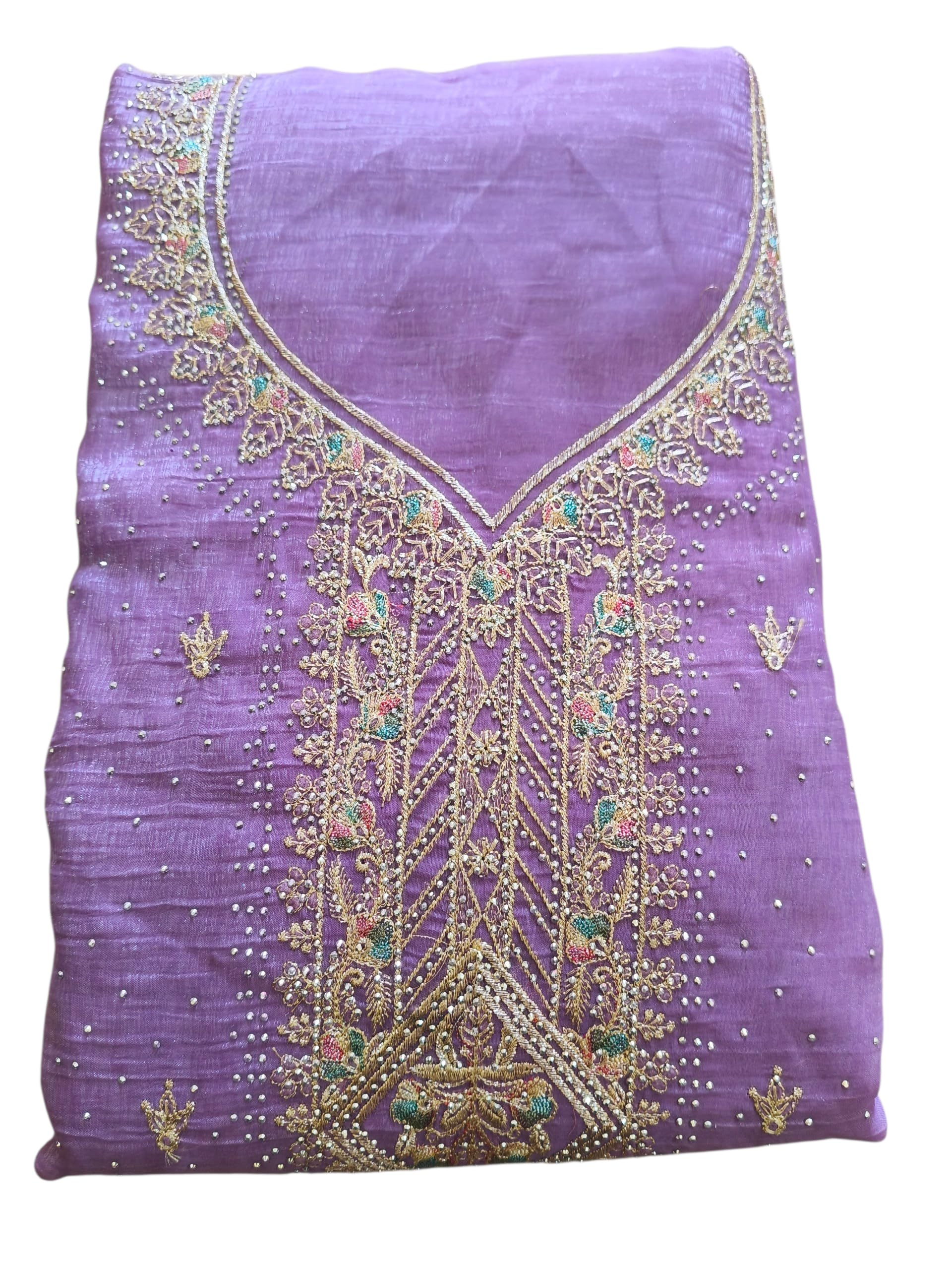 Lavender Embroidered Salwar Suit Unstitched Dress Material, Zari Work with Pearl Detailing, 3-Piece Set-image-17