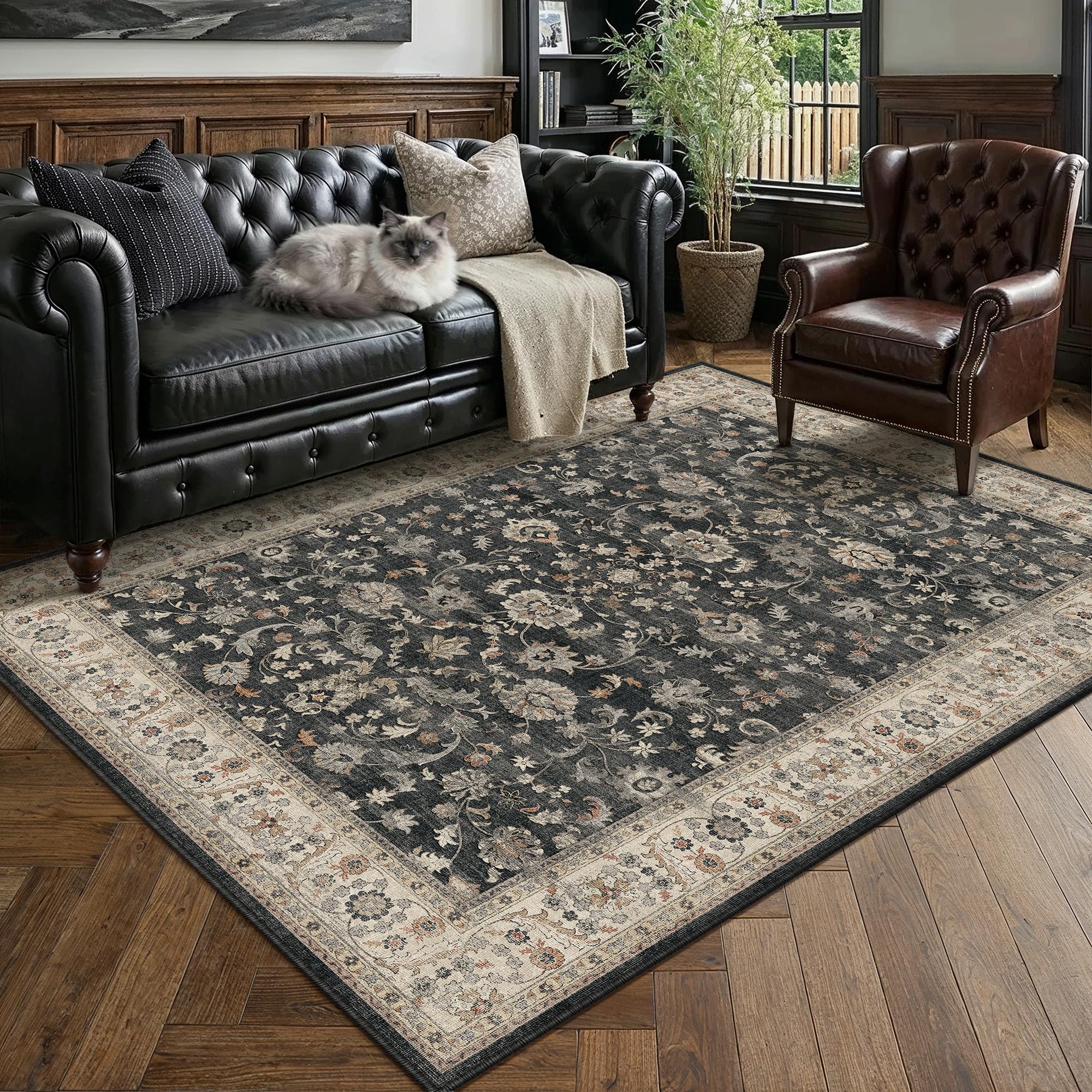 PureCozy Black Beige Area Rug 5x7 Vintage Floral Distressed